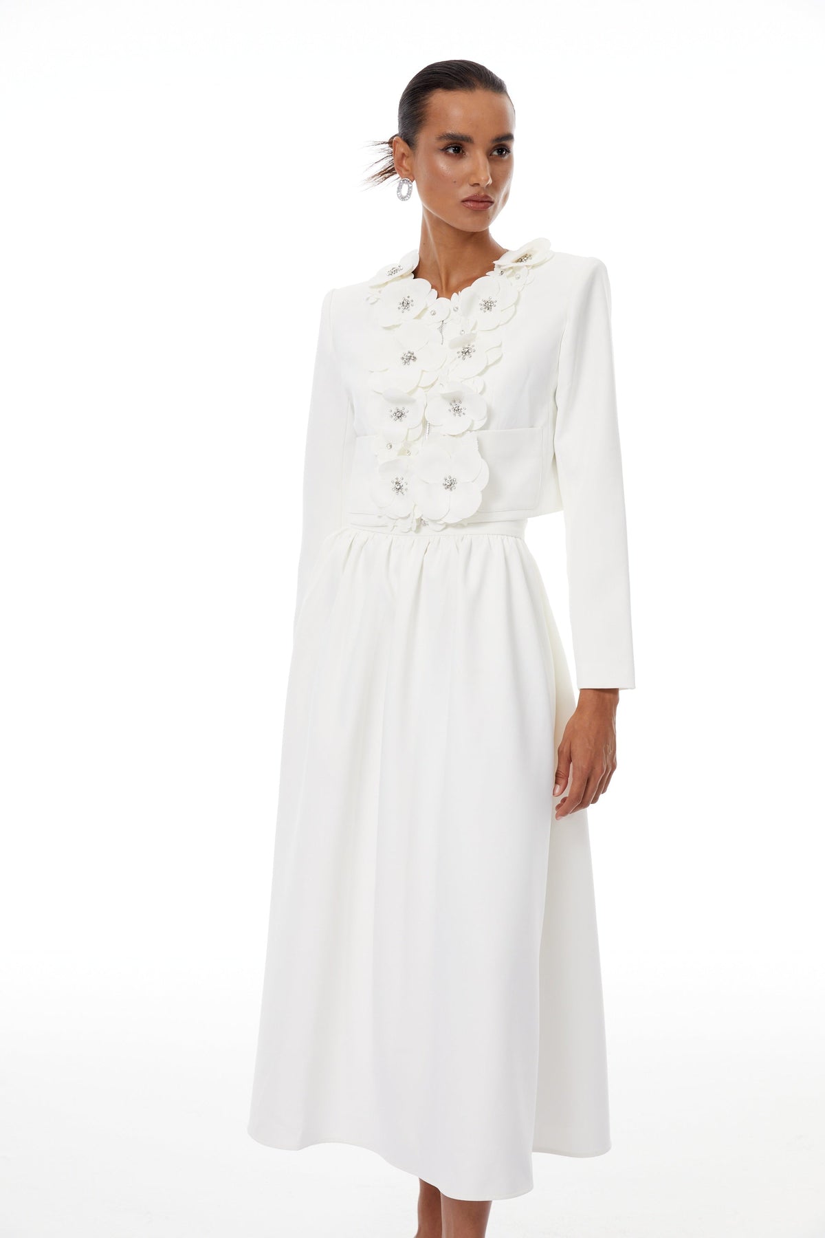 Élodie White Floral Appliqué Jacket & Skirt Set - White