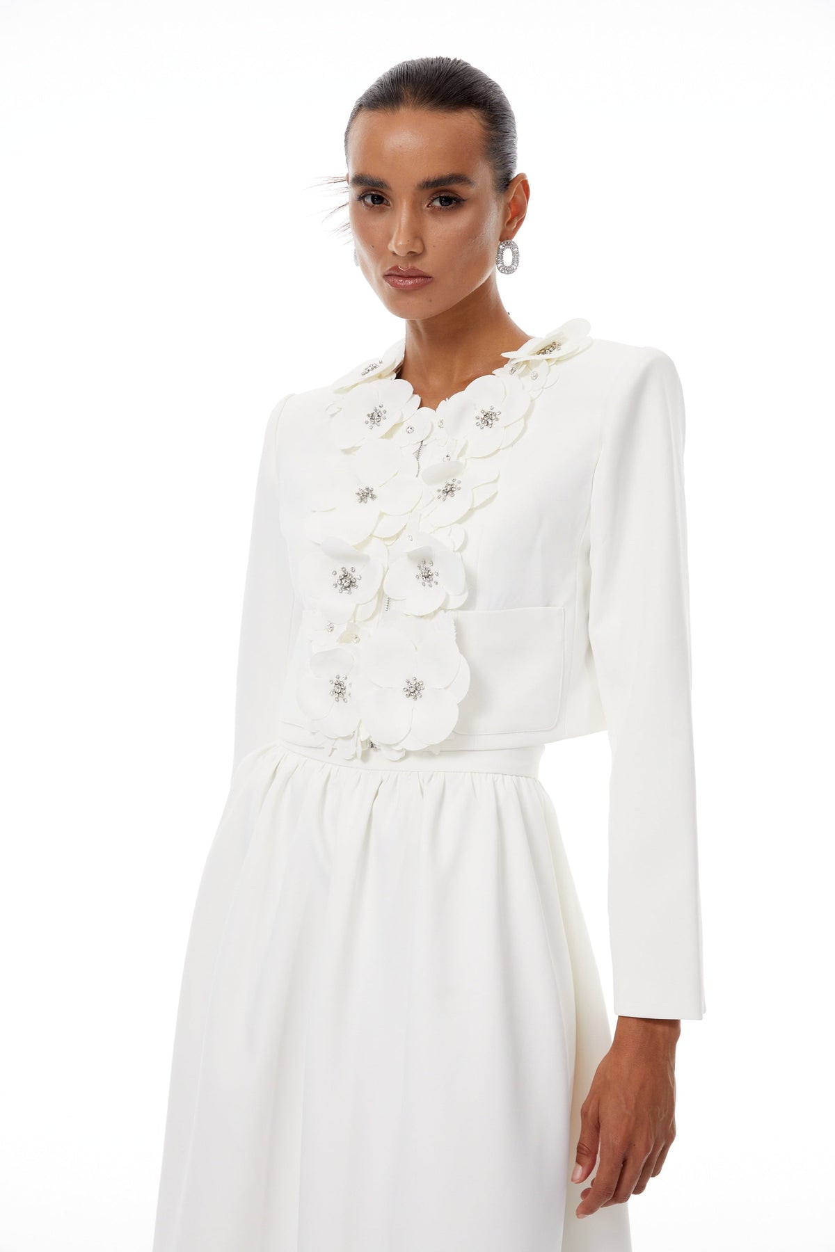 Élodie White Floral Appliqué Jacket & Skirt Set - White