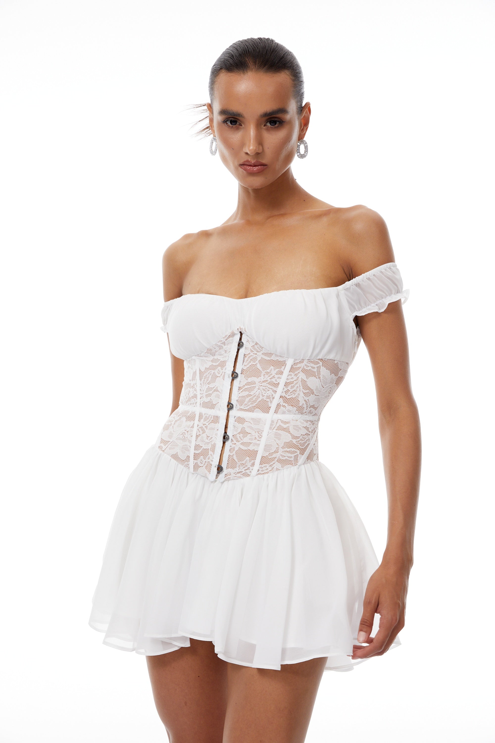 Márta White Lace Panel Chiffon Mini Dress