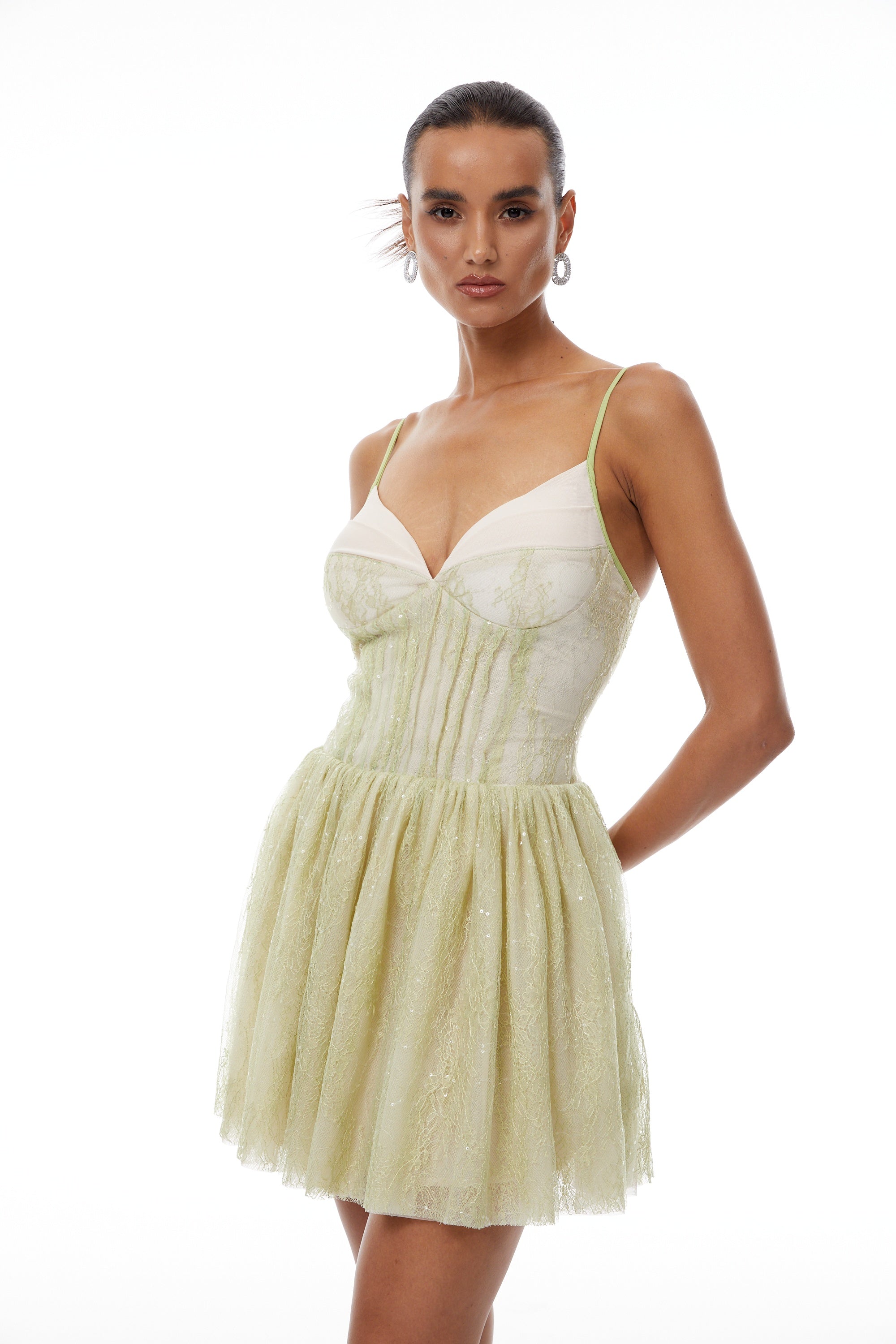 Lilou Green Sequined Floral Lace Mini Dress