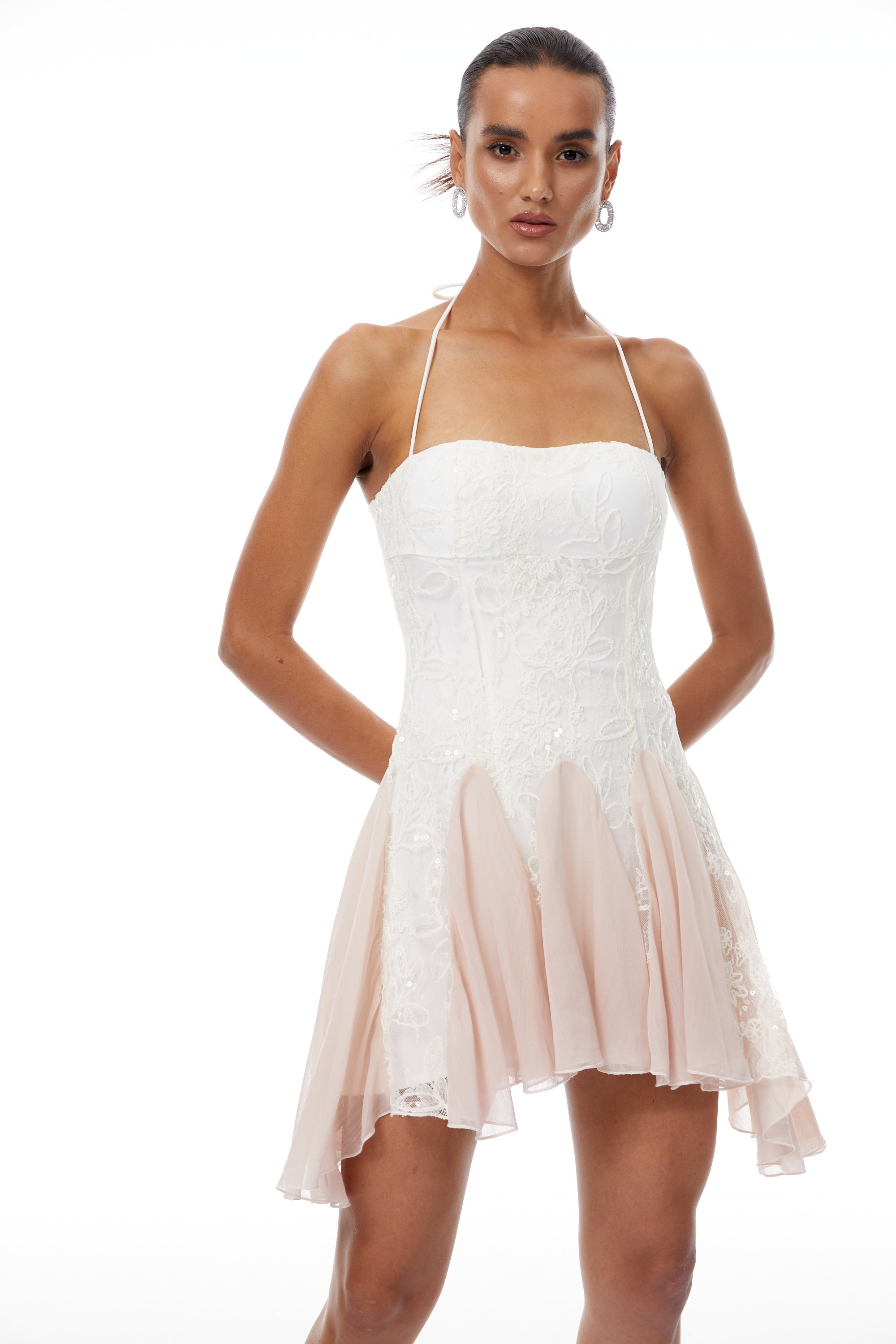 Réka White Sequined Floral Lace Mini Dress