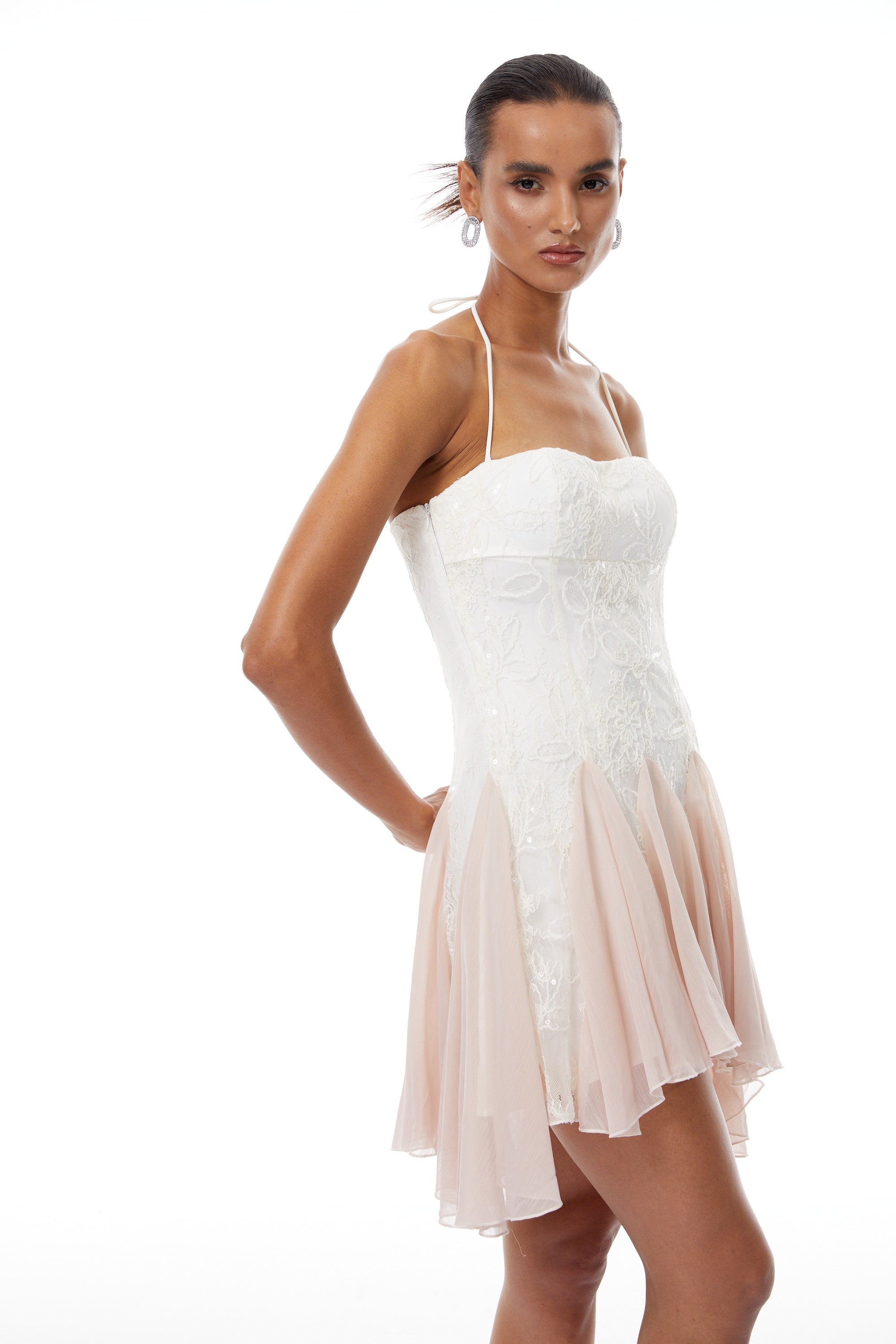 Réka White Sequined Floral Lace Mini Dress
