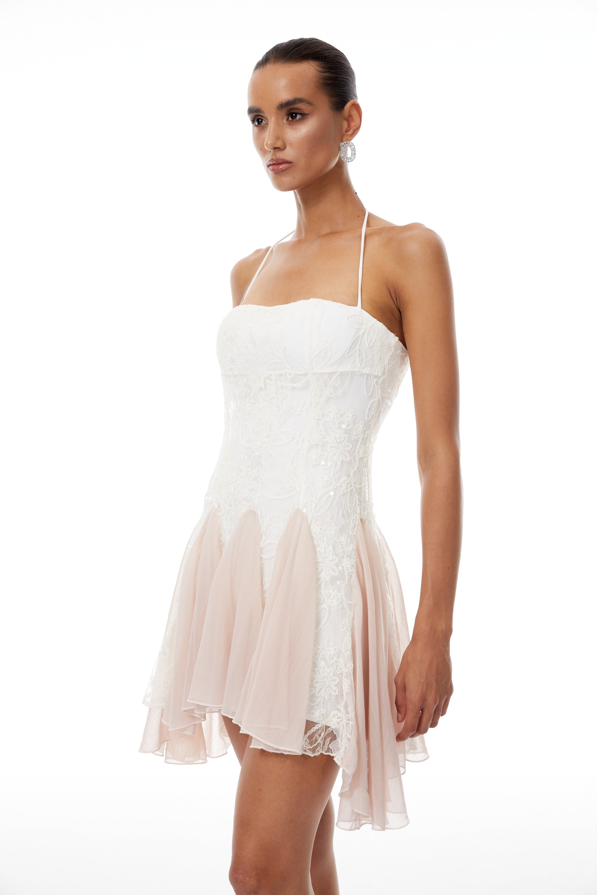 Réka White Sequined Floral Lace Mini Dress