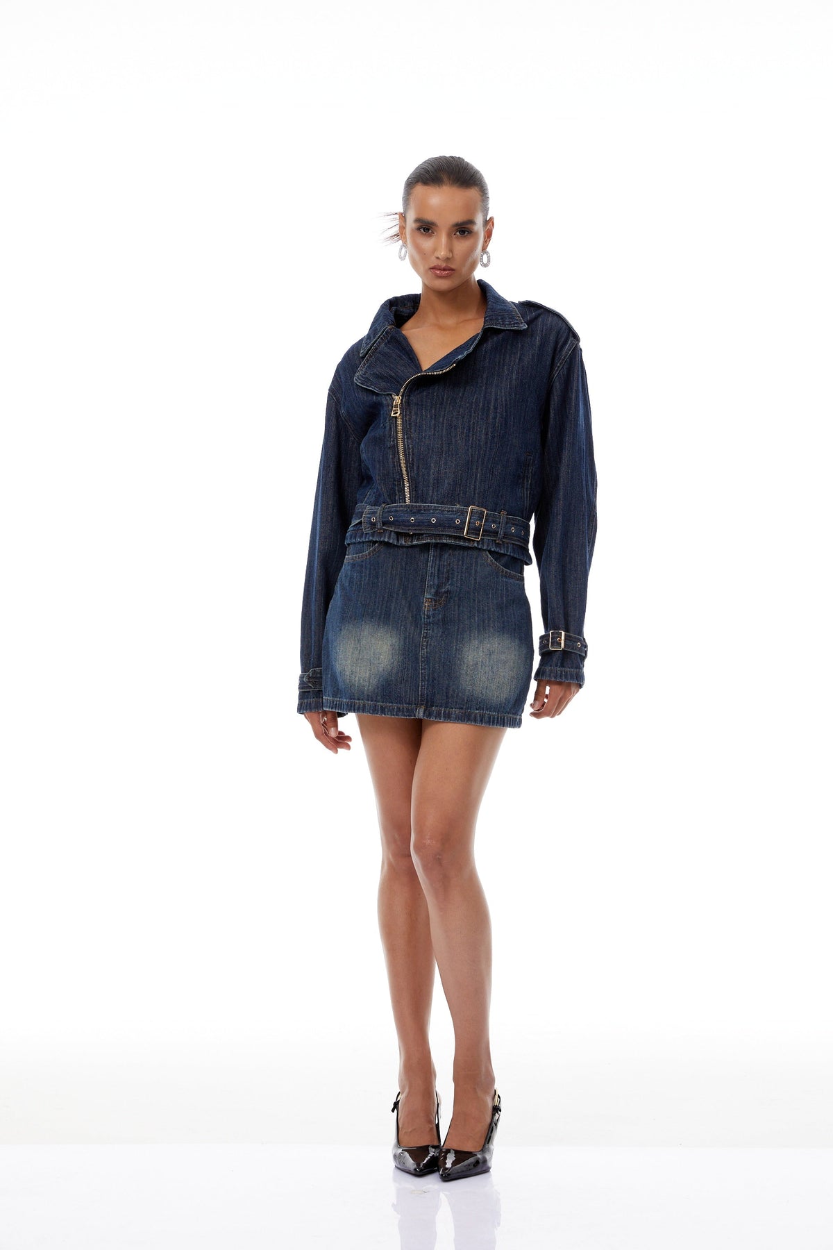 Solène Blue Denim Biker Jacket & Skirt Set - Blue