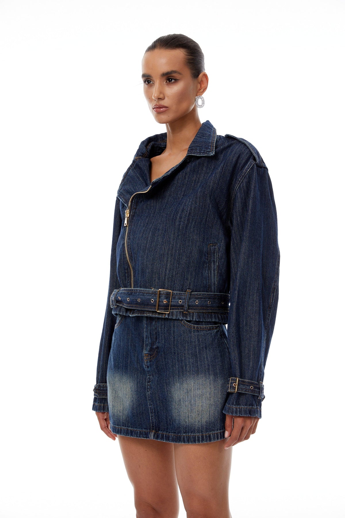 Solène Blue Denim Biker Jacket & Skirt Set - Blue