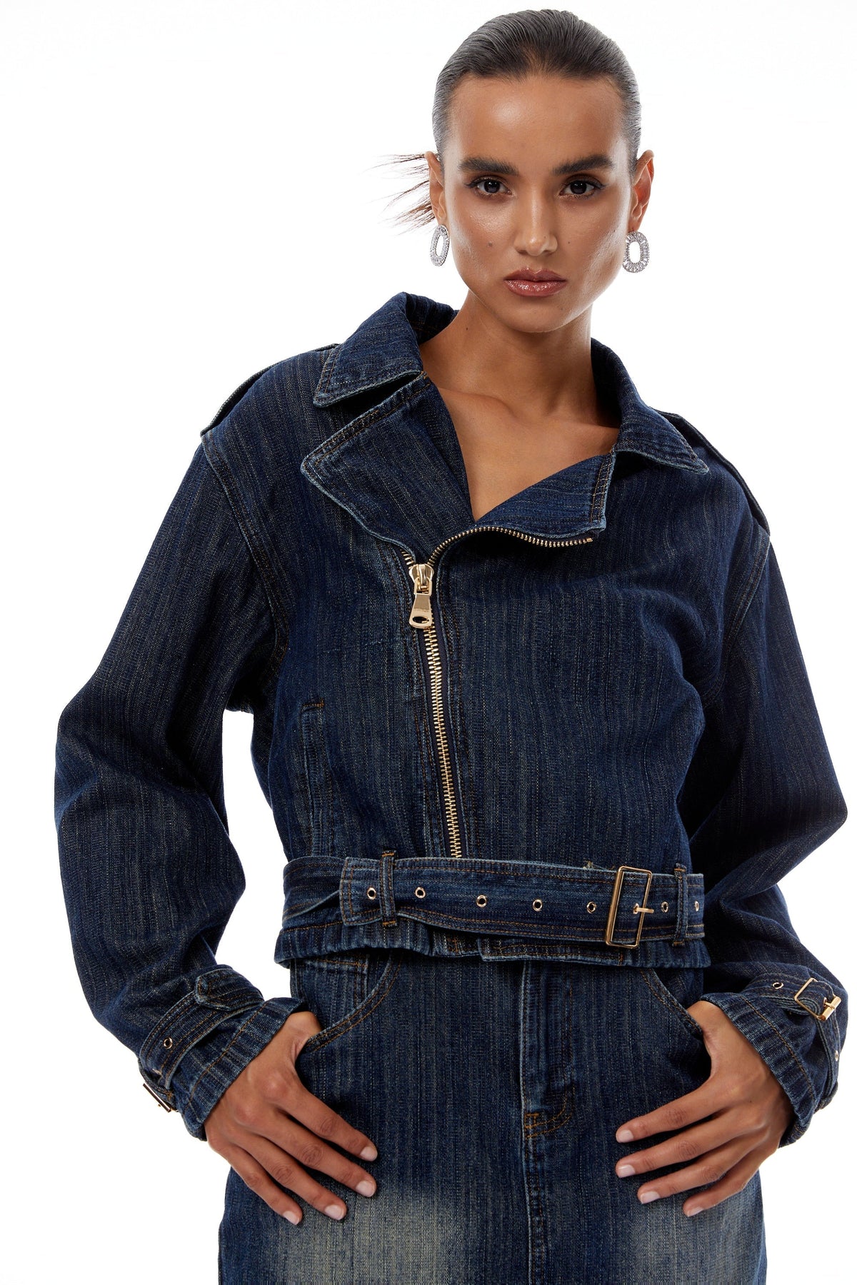 Solène Blue Denim Biker Jacket & Skirt Set - Blue