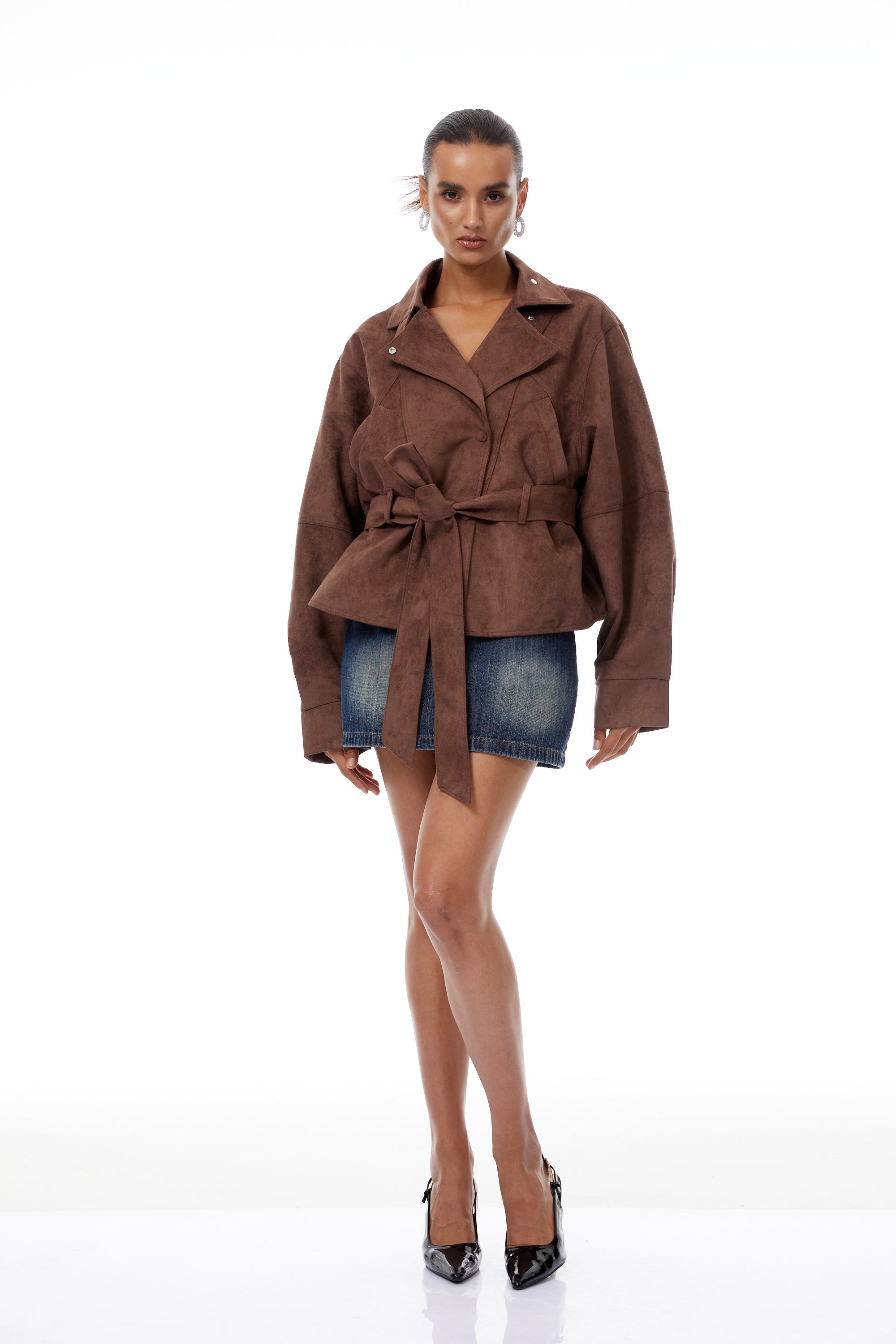 Aveline Brown Belted Suede Biker Jacket
