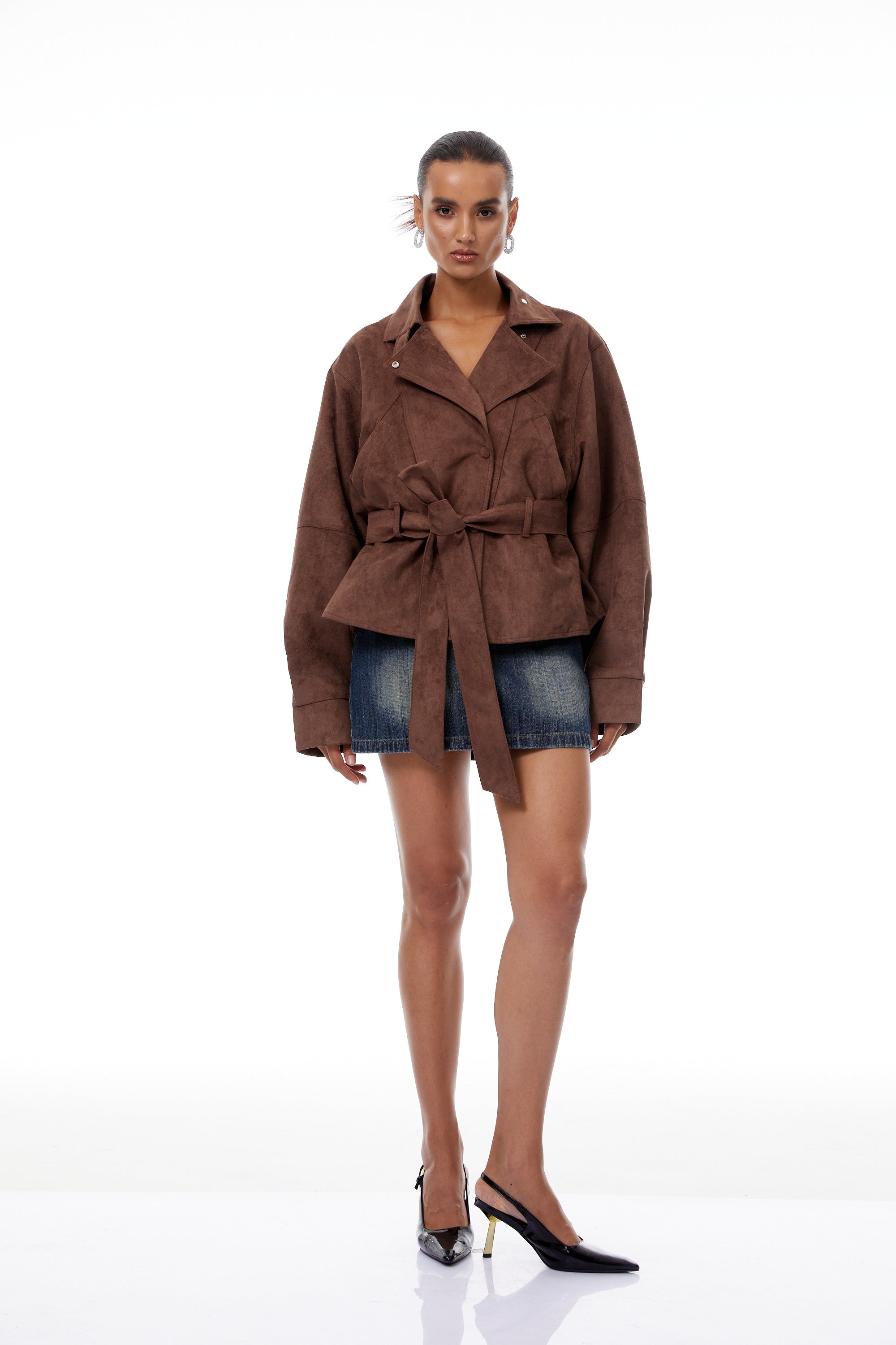 Aveline Brown Belted Suede Biker Jacket