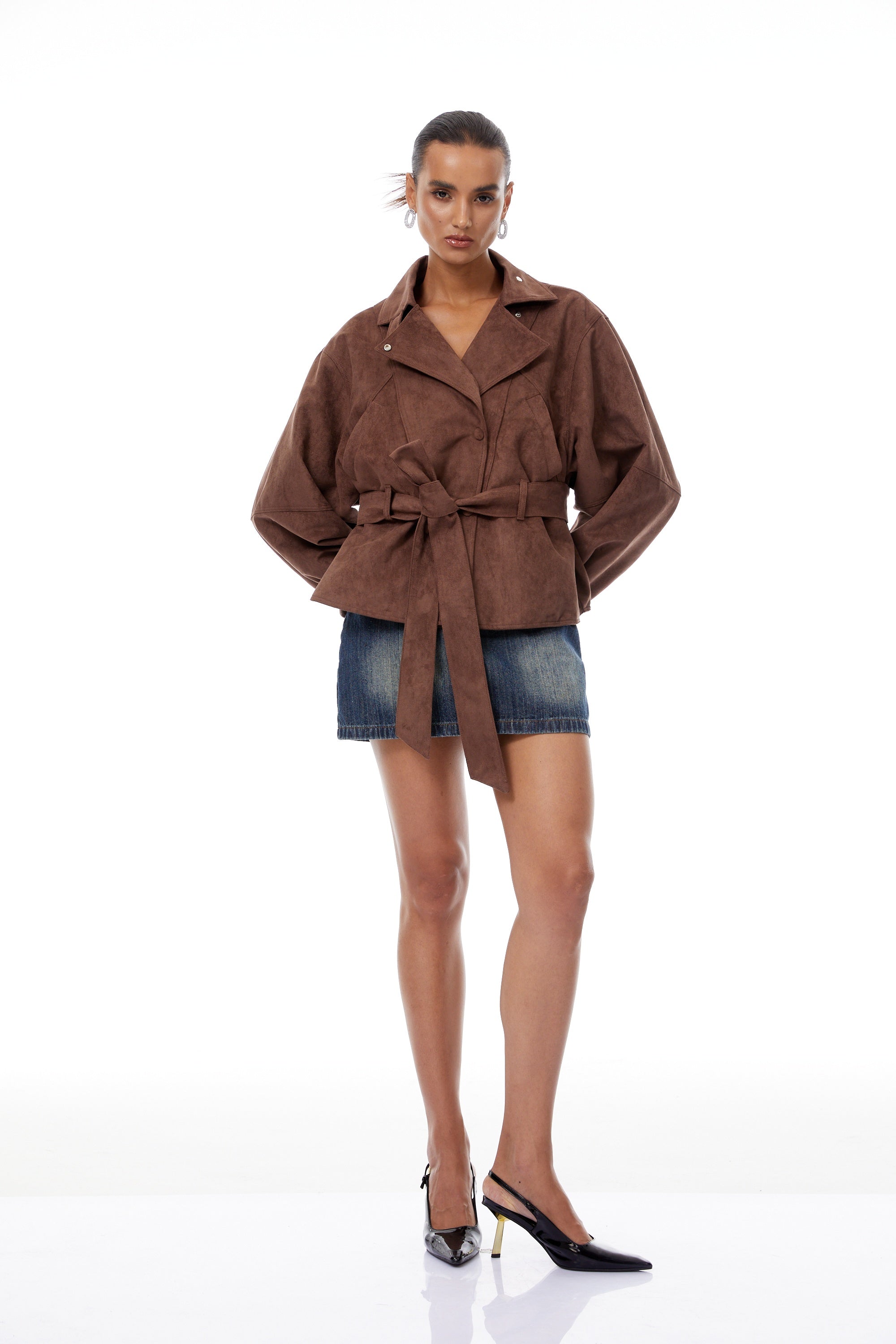 Aveline Brown Belted Suede Biker Jacket