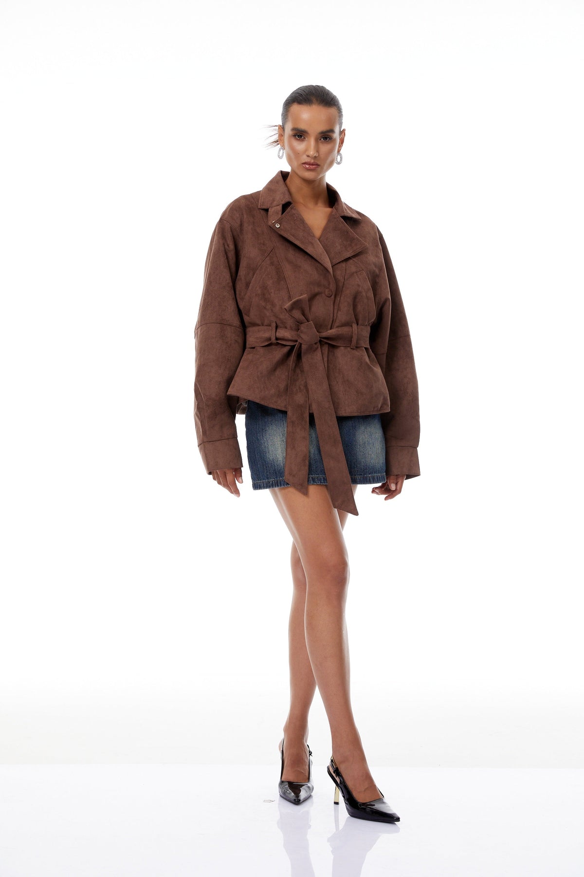 Aveline Brown Belted Suede Biker Jacket