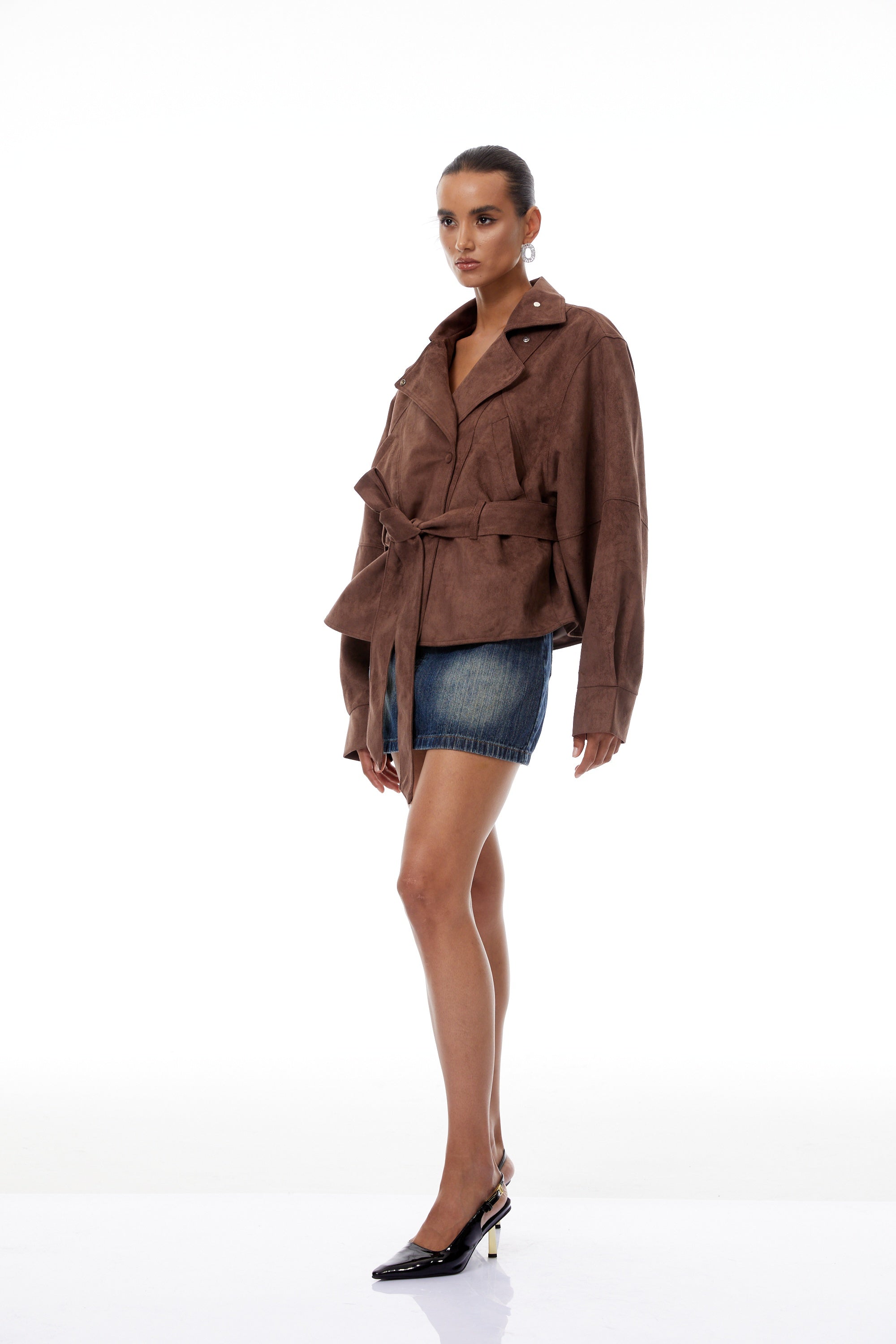 Aveline Brown Belted Suede Biker Jacket