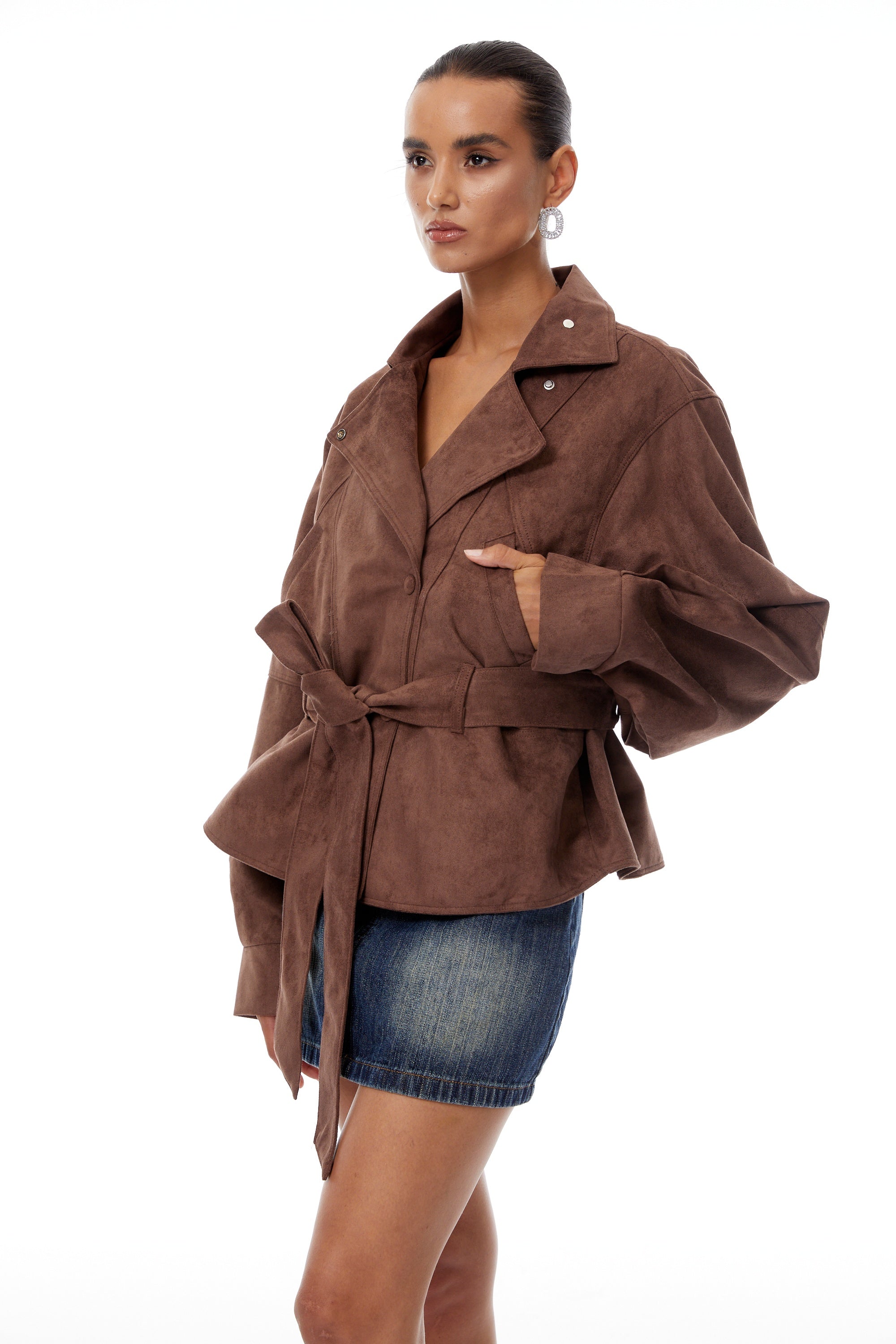 Aveline Brown Belted Suede Biker Jacket