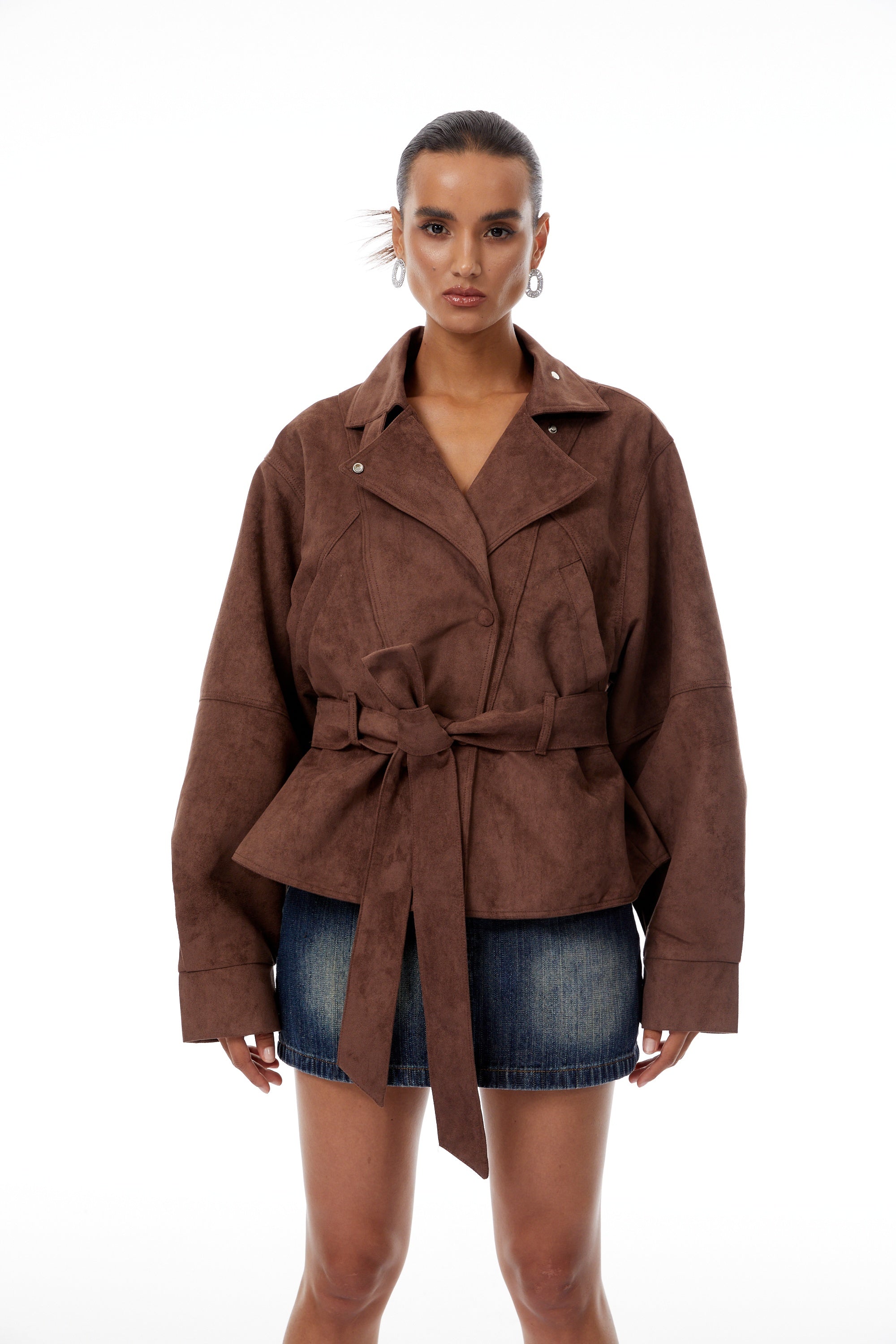 Aveline Brown Belted Suede Biker Jacket