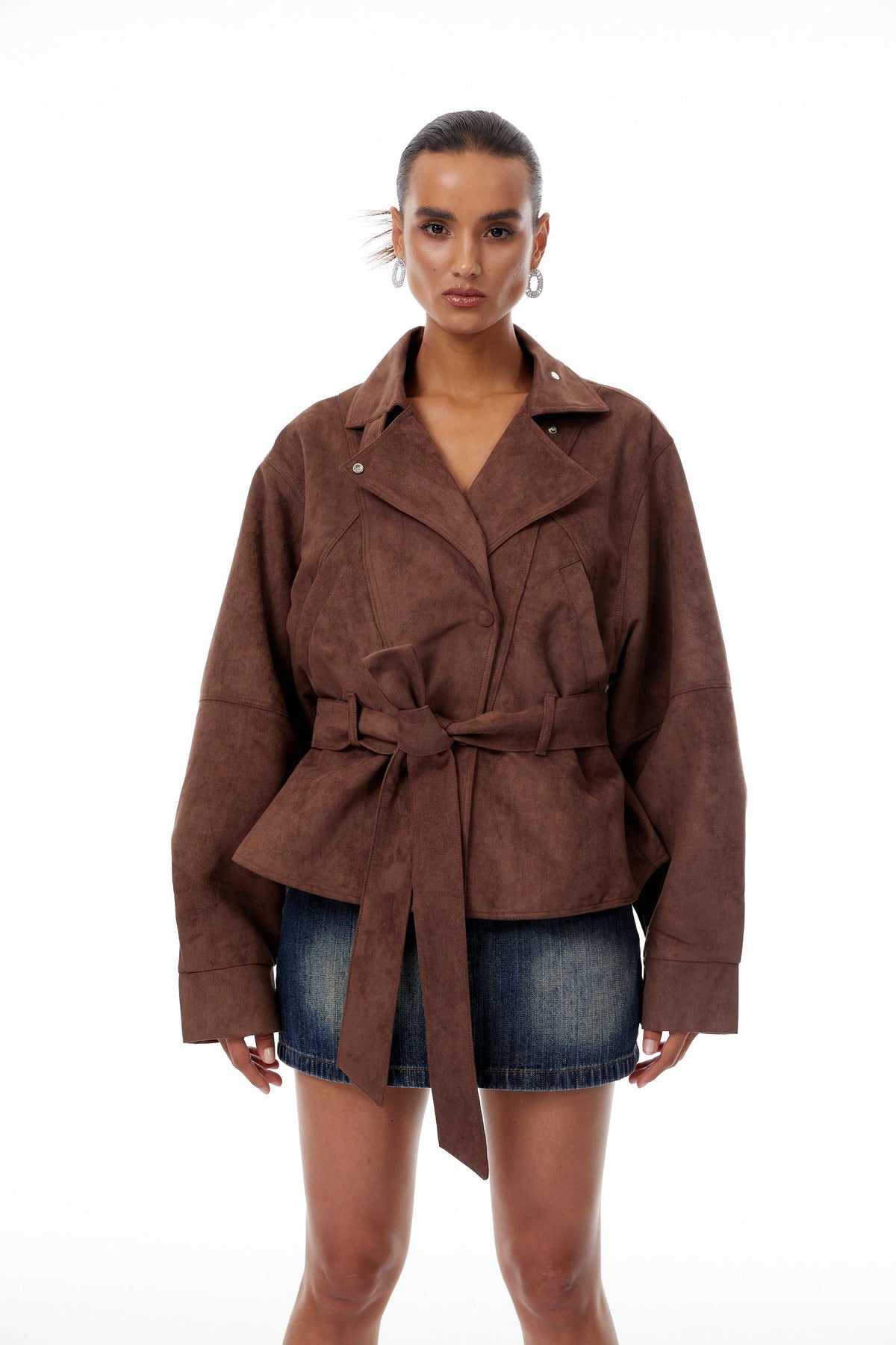 Aveline Brown Belted Suede Biker Jacket