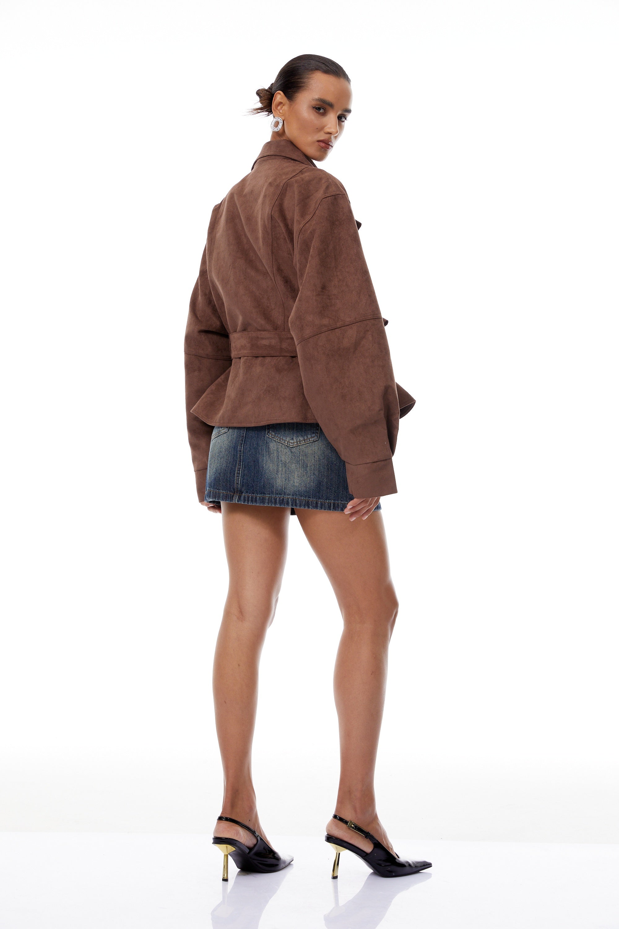 Aveline Brown Belted Suede Biker Jacket