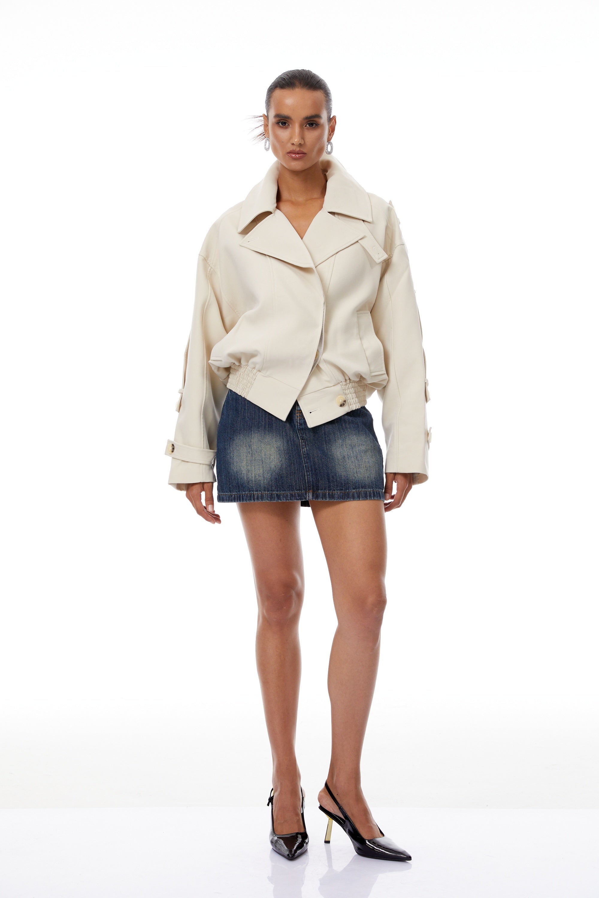 Panna Neutral Smocked Hem Biker Jacket (Final Sale-US Only)