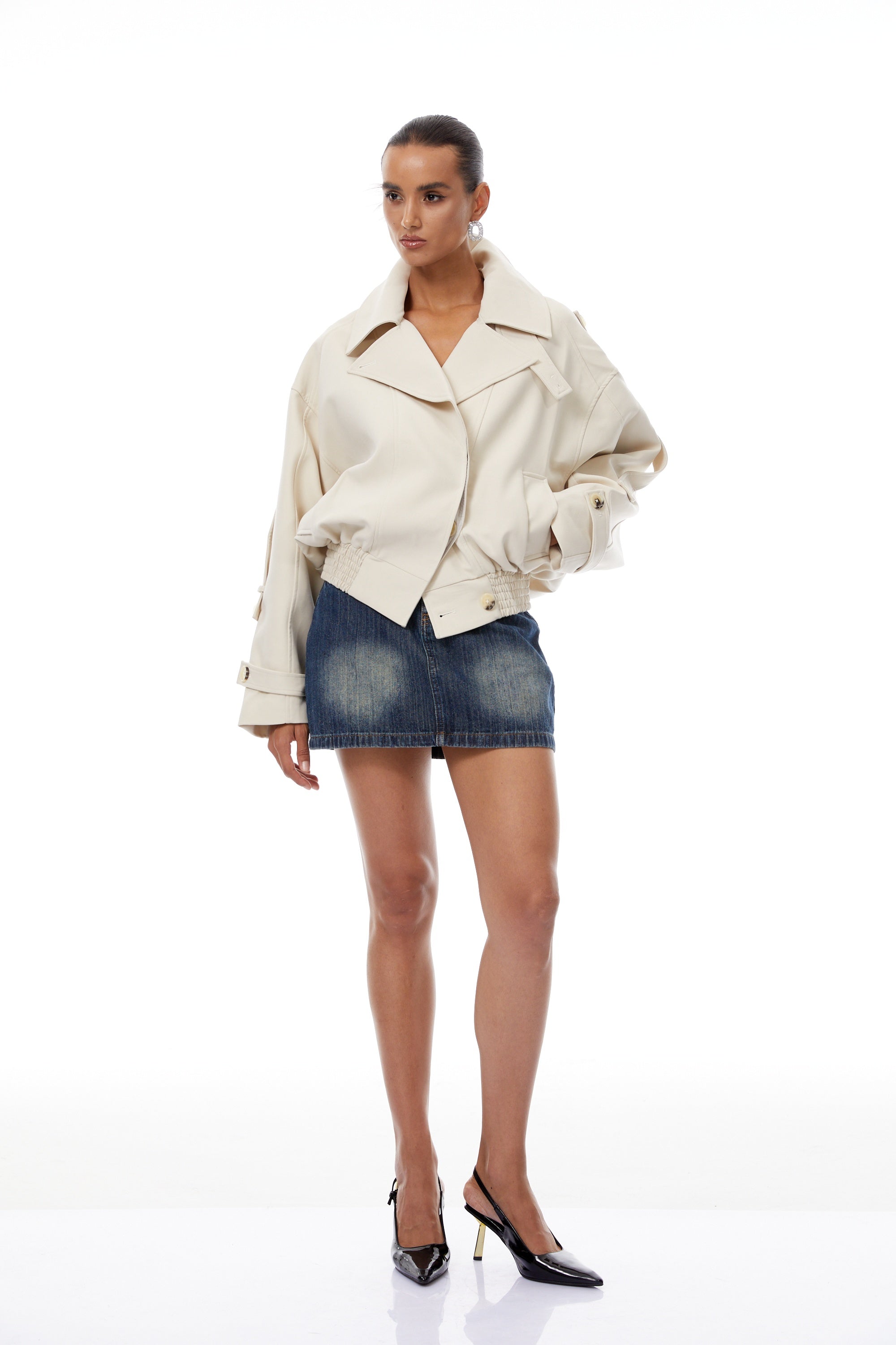 Panna Neutral Smocked Hem Biker Jacket (Final Sale-US Only)