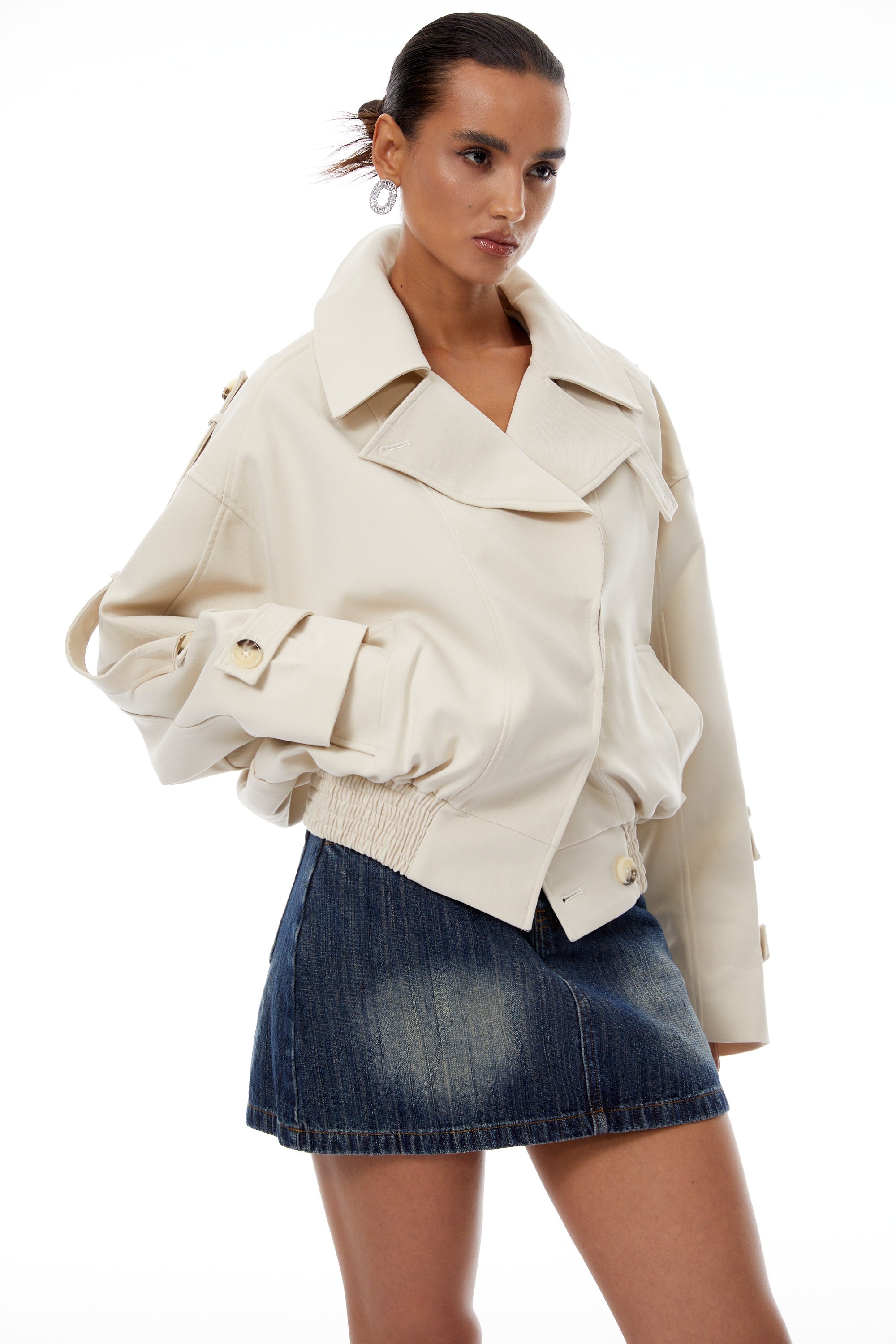 Panna Neutral Smocked Hem Biker Jacket - cream white