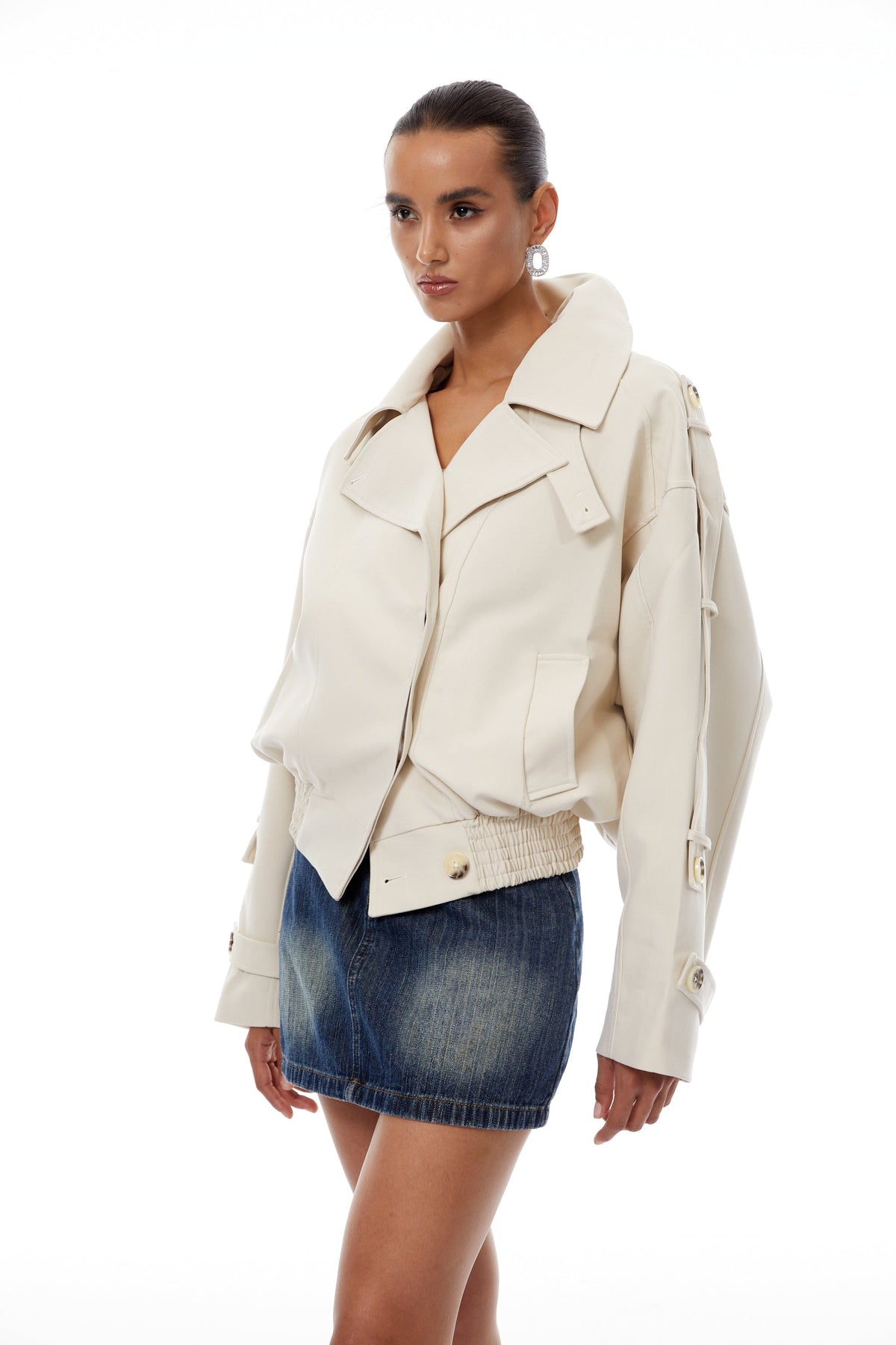 Panna Neutral Smocked Hem Biker Jacket - cream white