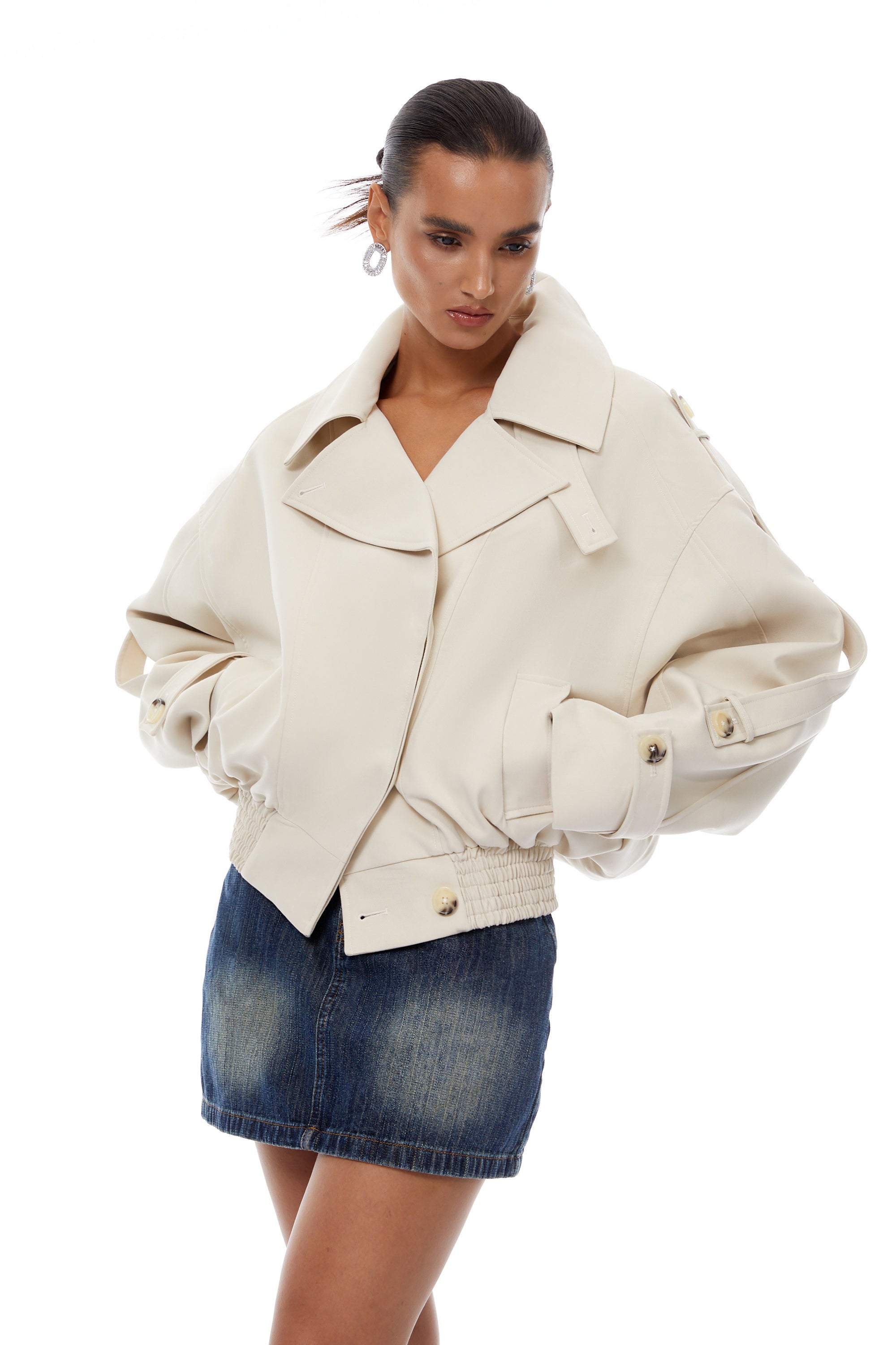 Panna Neutral Smocked Hem Biker Jacket (Final Sale-US Only)