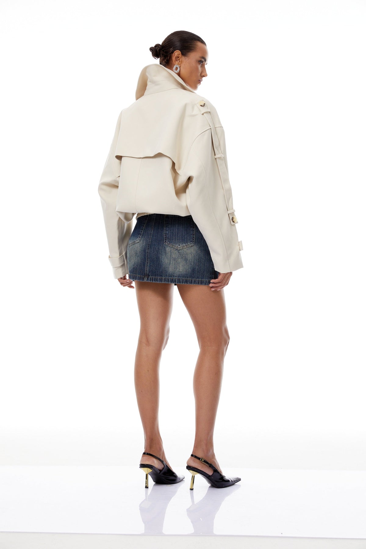 Panna Neutral Smocked Hem Biker Jacket - cream white