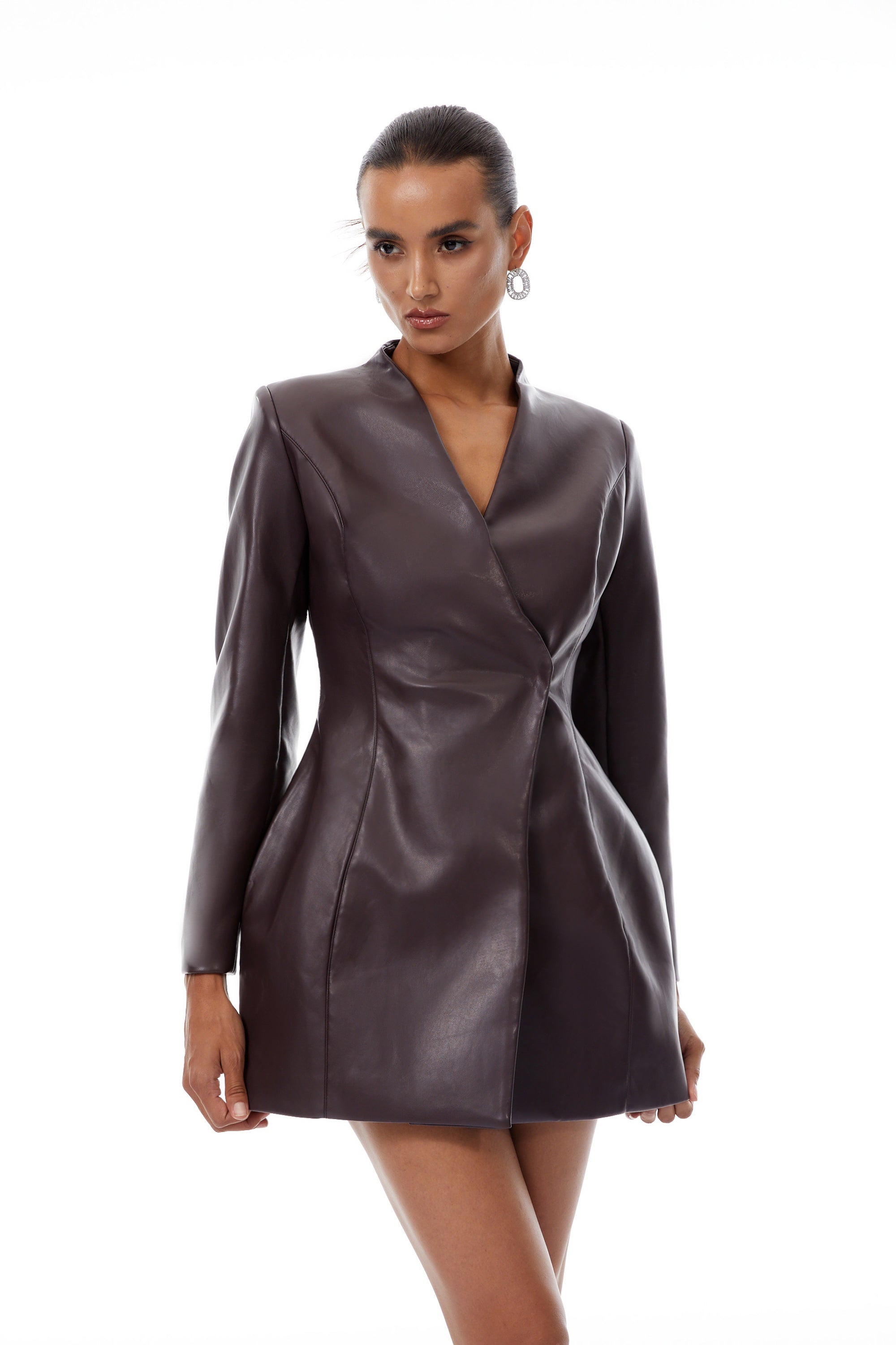 Solange Brown Leather Mini Blazer Dress (Final Sale-US Only)