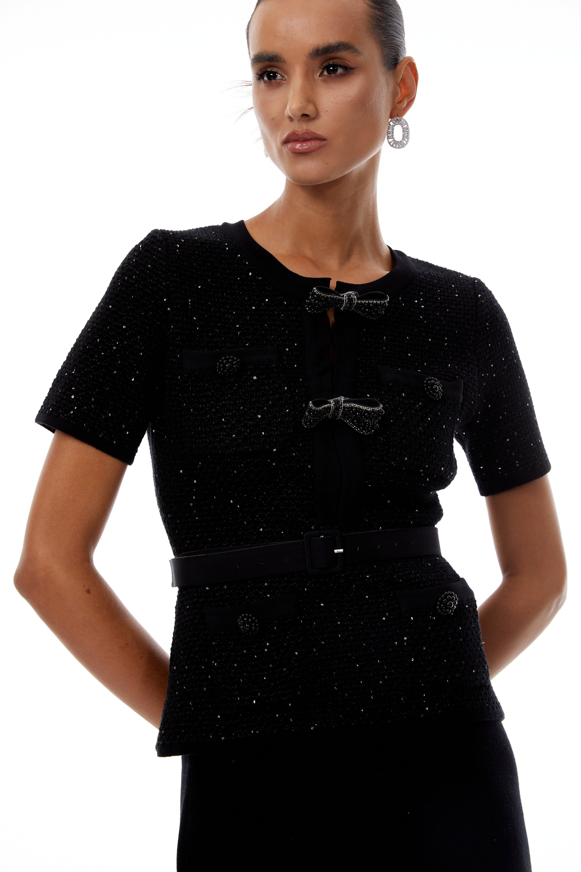Hélène Black Sequined Knit Top & Skirt Set