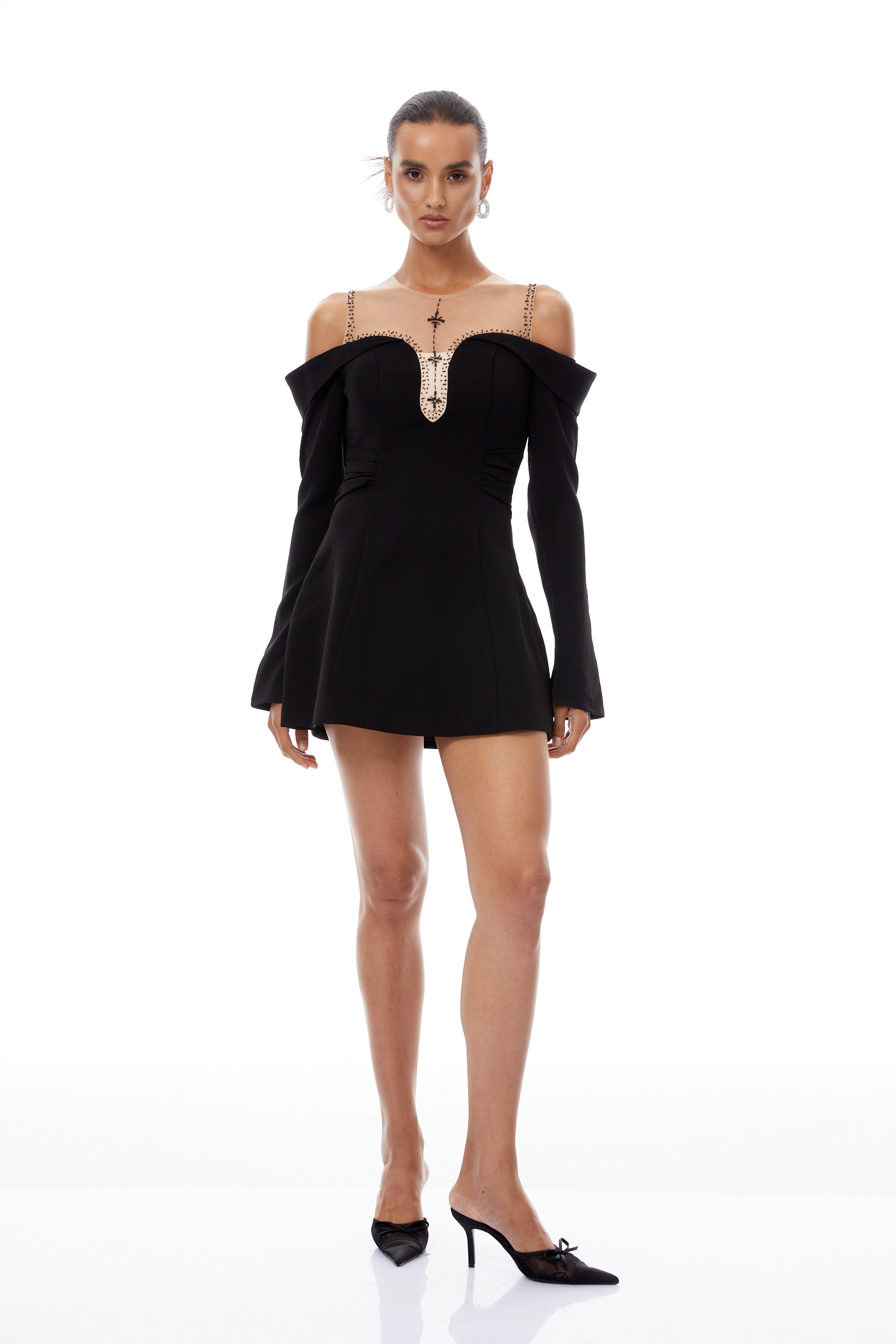 Abrielle Black Cold Shoulder A-line Mini Dress