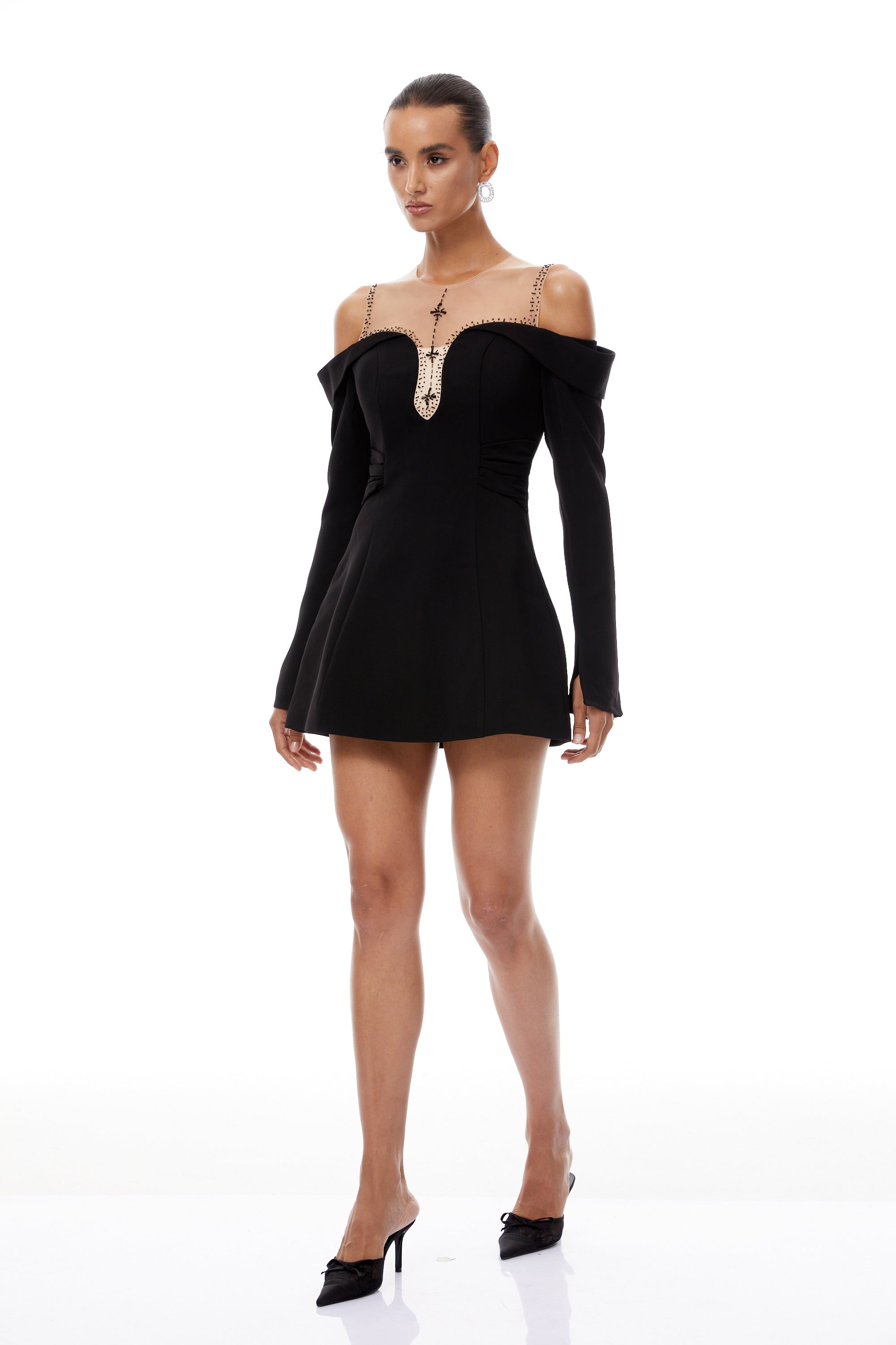 Abrielle Black Cold Shoulder A-line Mini Dress