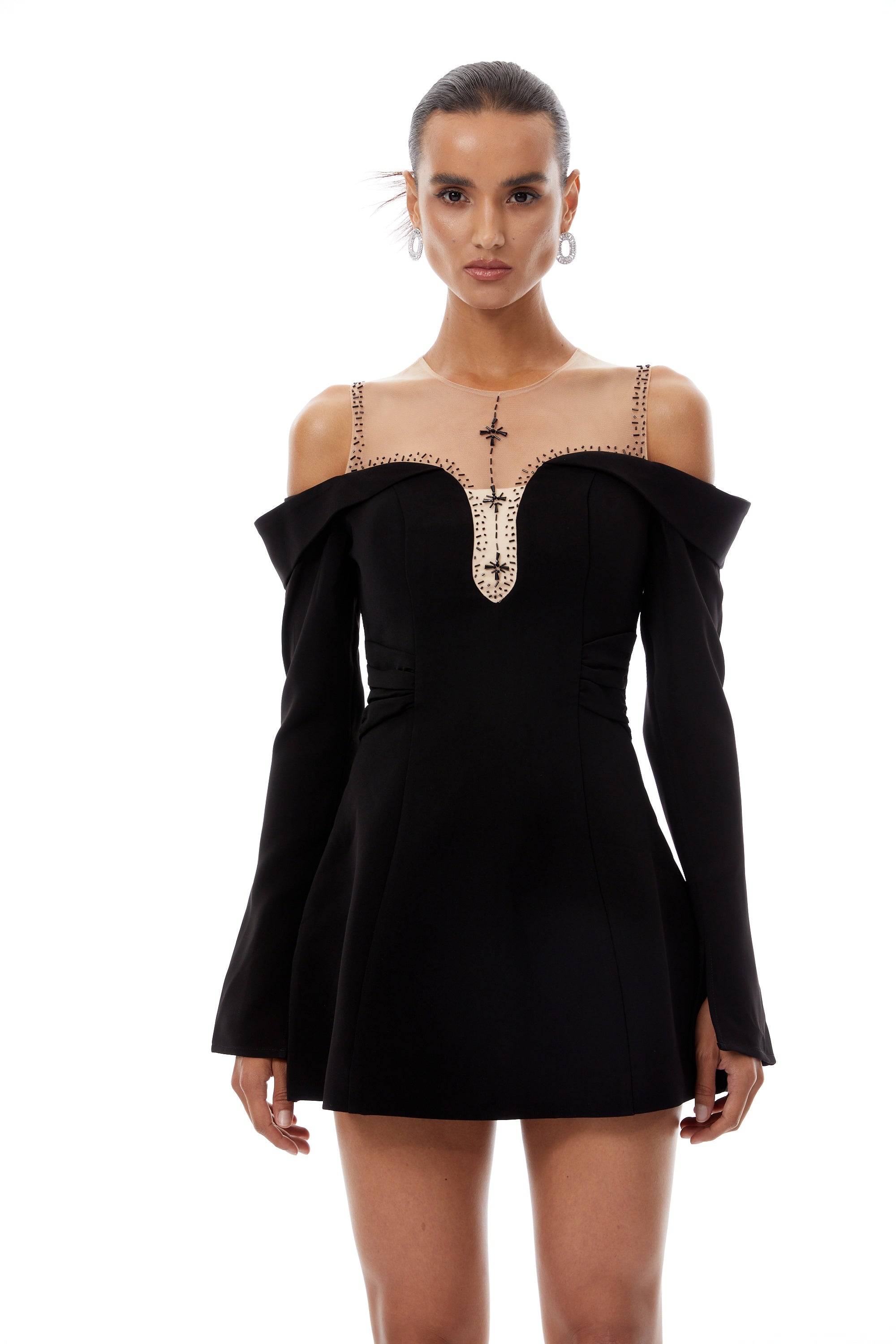Abrielle Black Cold Shoulder A-line Mini Dress