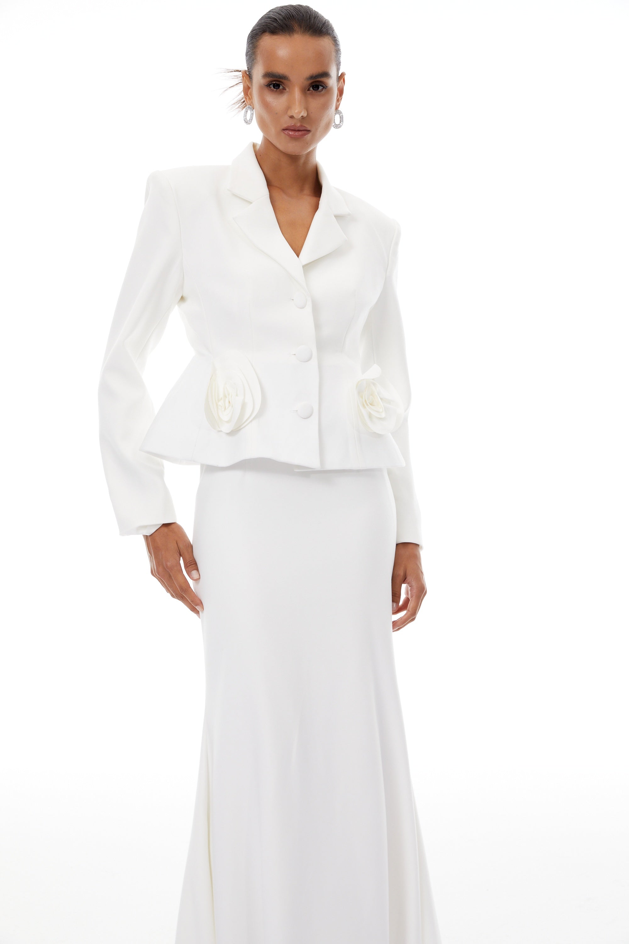 Odette White 3D Petal Blazer & Skirt Set - White