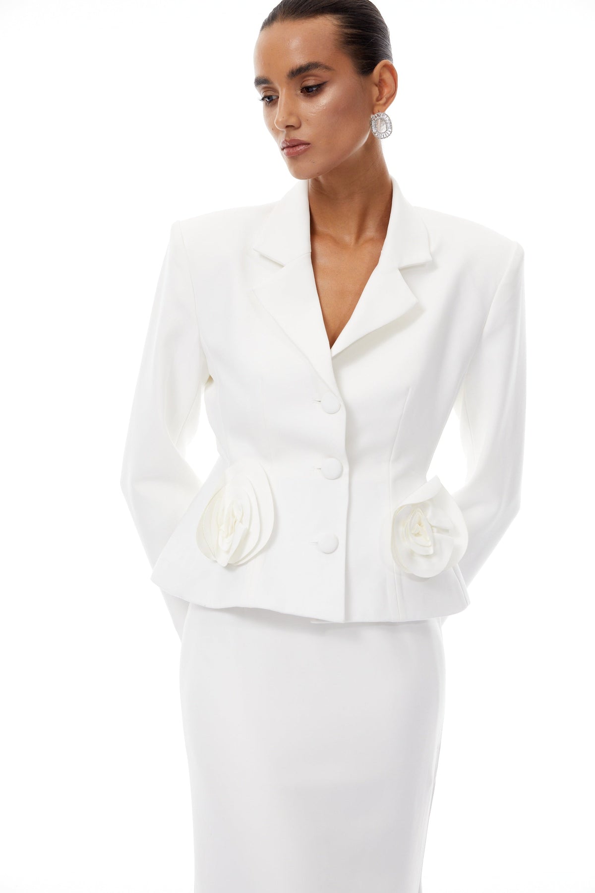 Odette White 3D Petal Blazer & Skirt Set - White