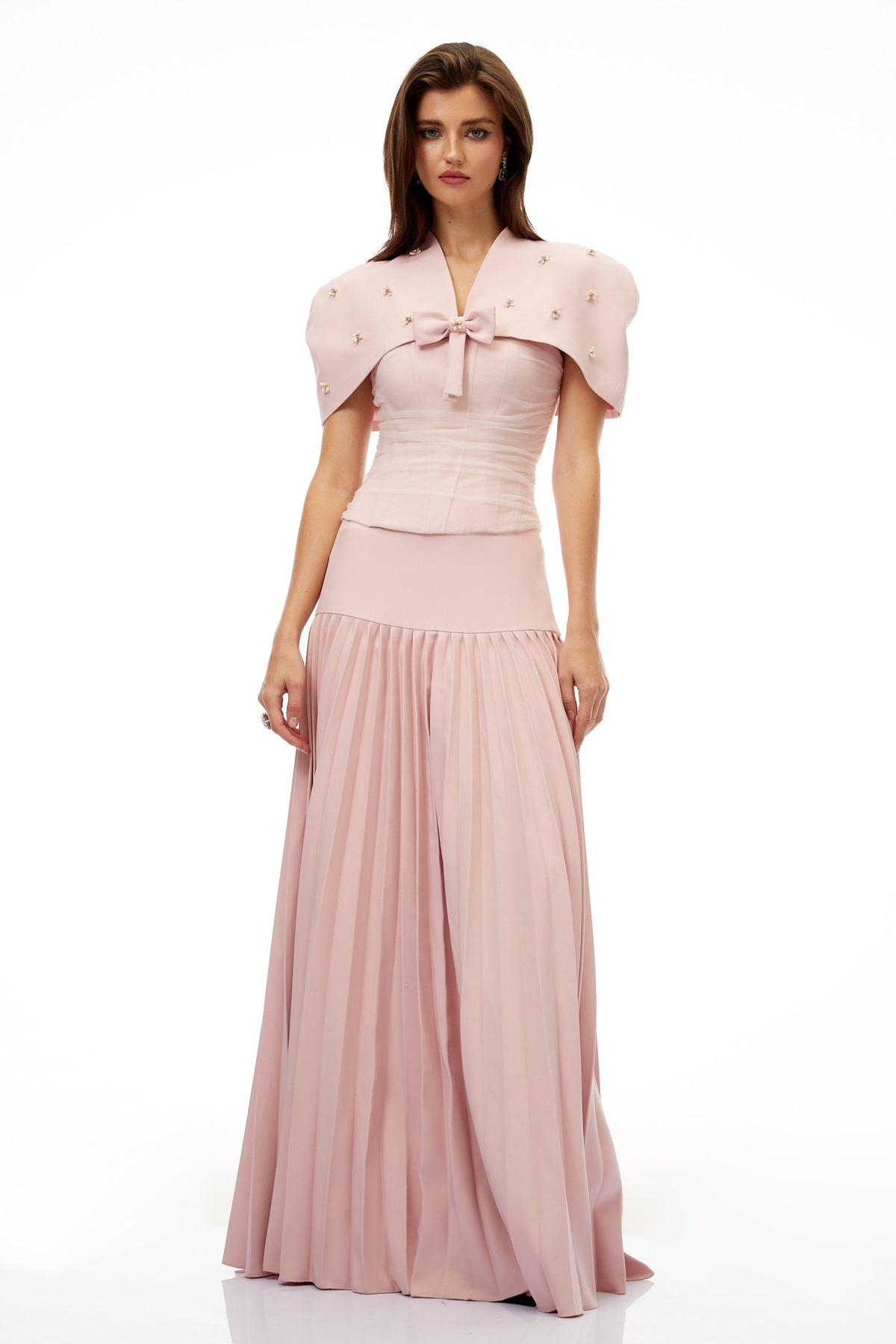 priscille pink shawl & corset top & pleated skirt set