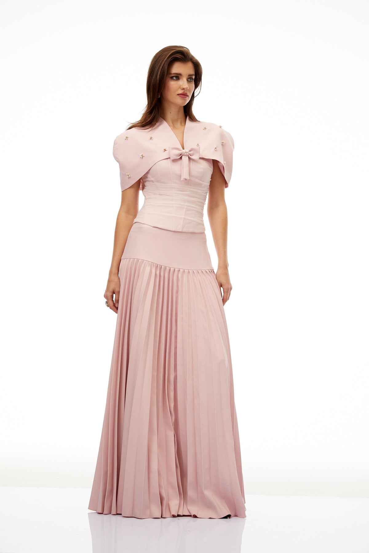 priscille pink shawl & corset top & pleated skirt set