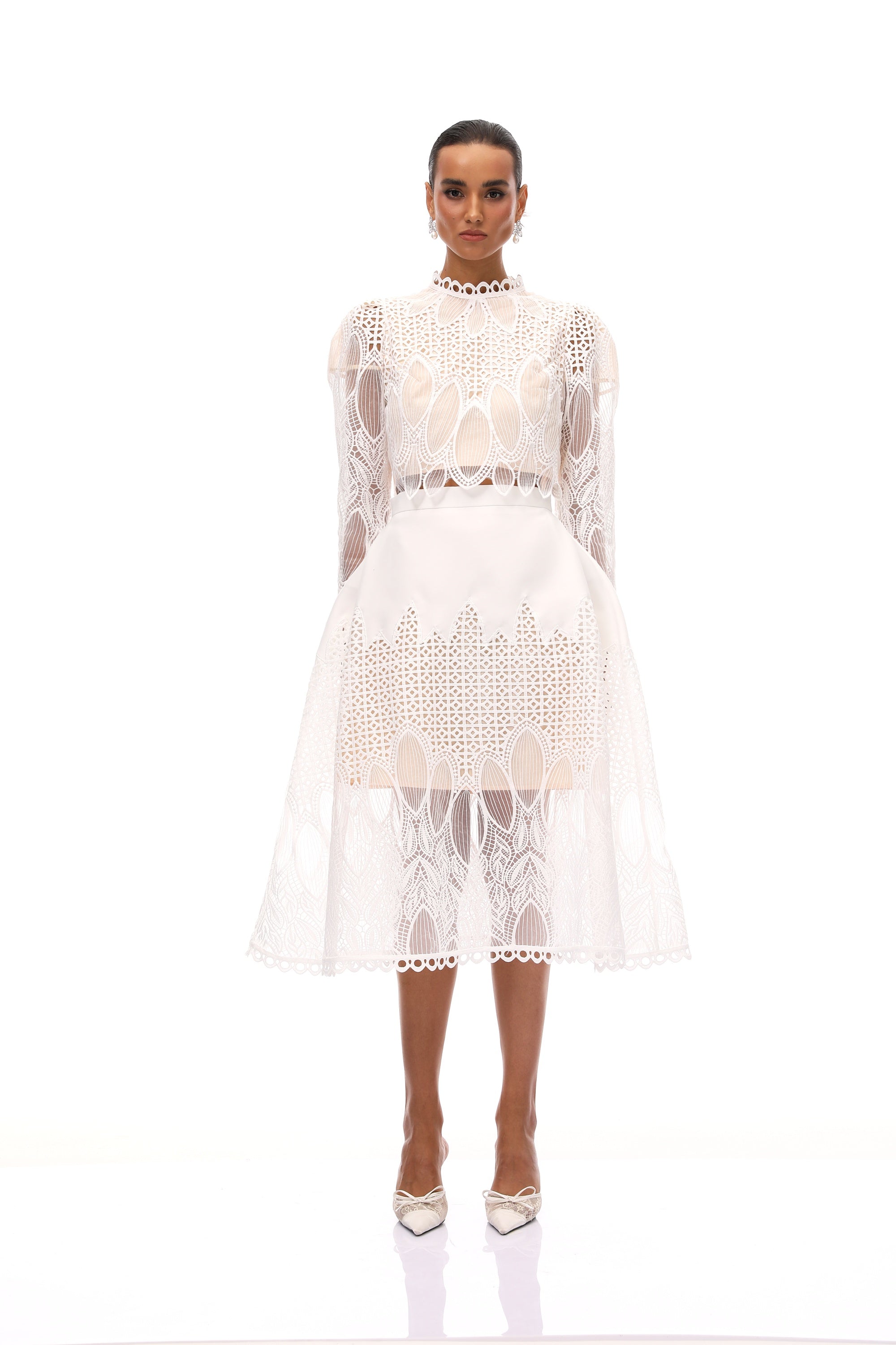 Anett White Corded Lace Blouse & Skirt Set