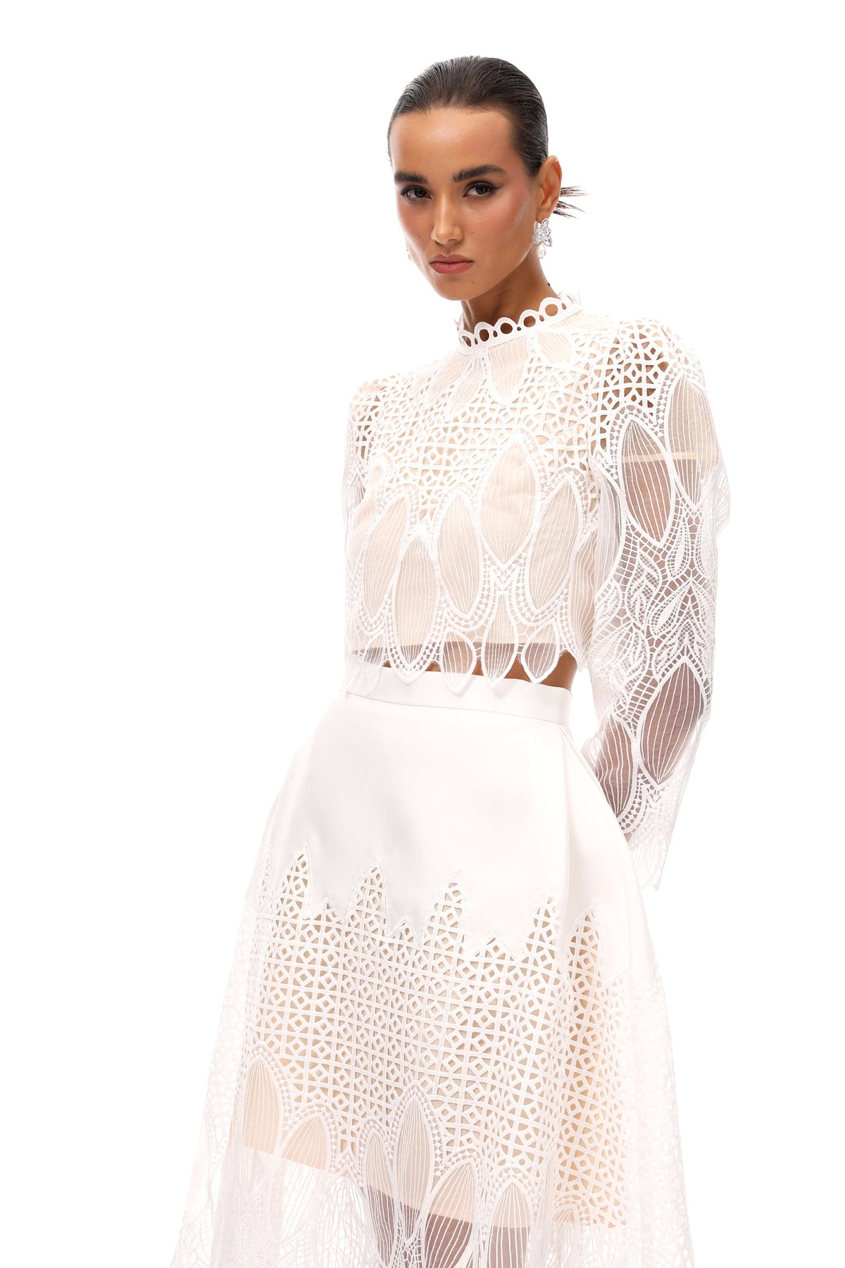 Anett White Corded Lace Blouse & Skirt Set
