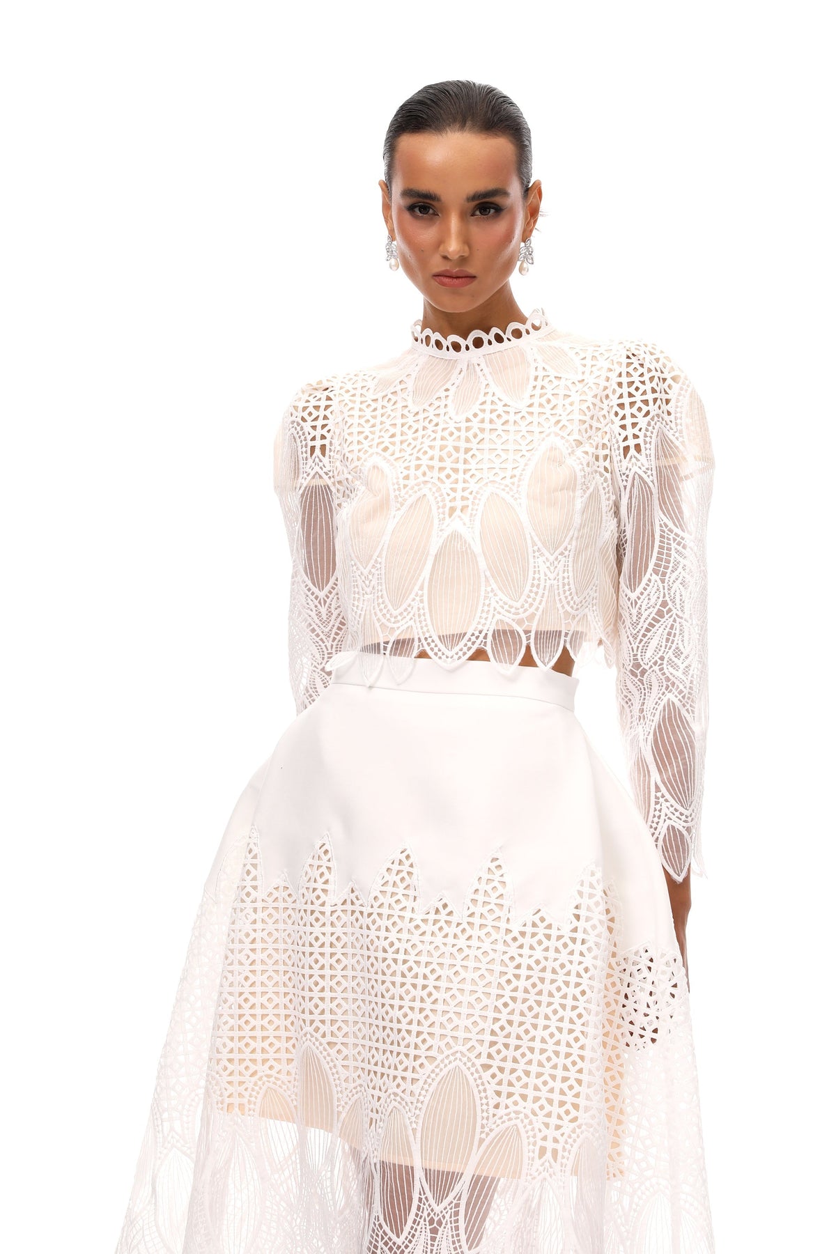 Anett White Corded Lace Blouse & Skirt Set