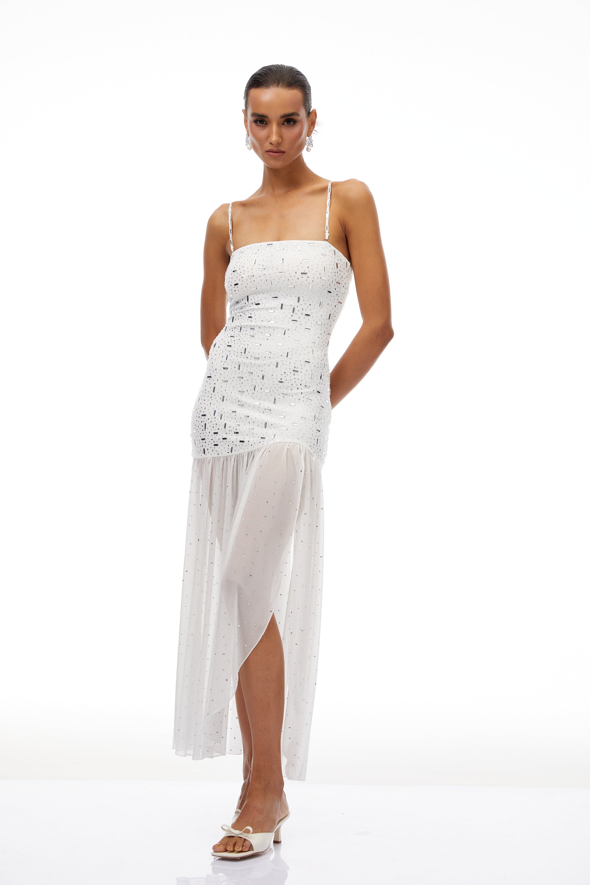 Apollonia White Rhinestone Asymmetrical Maxi Dress