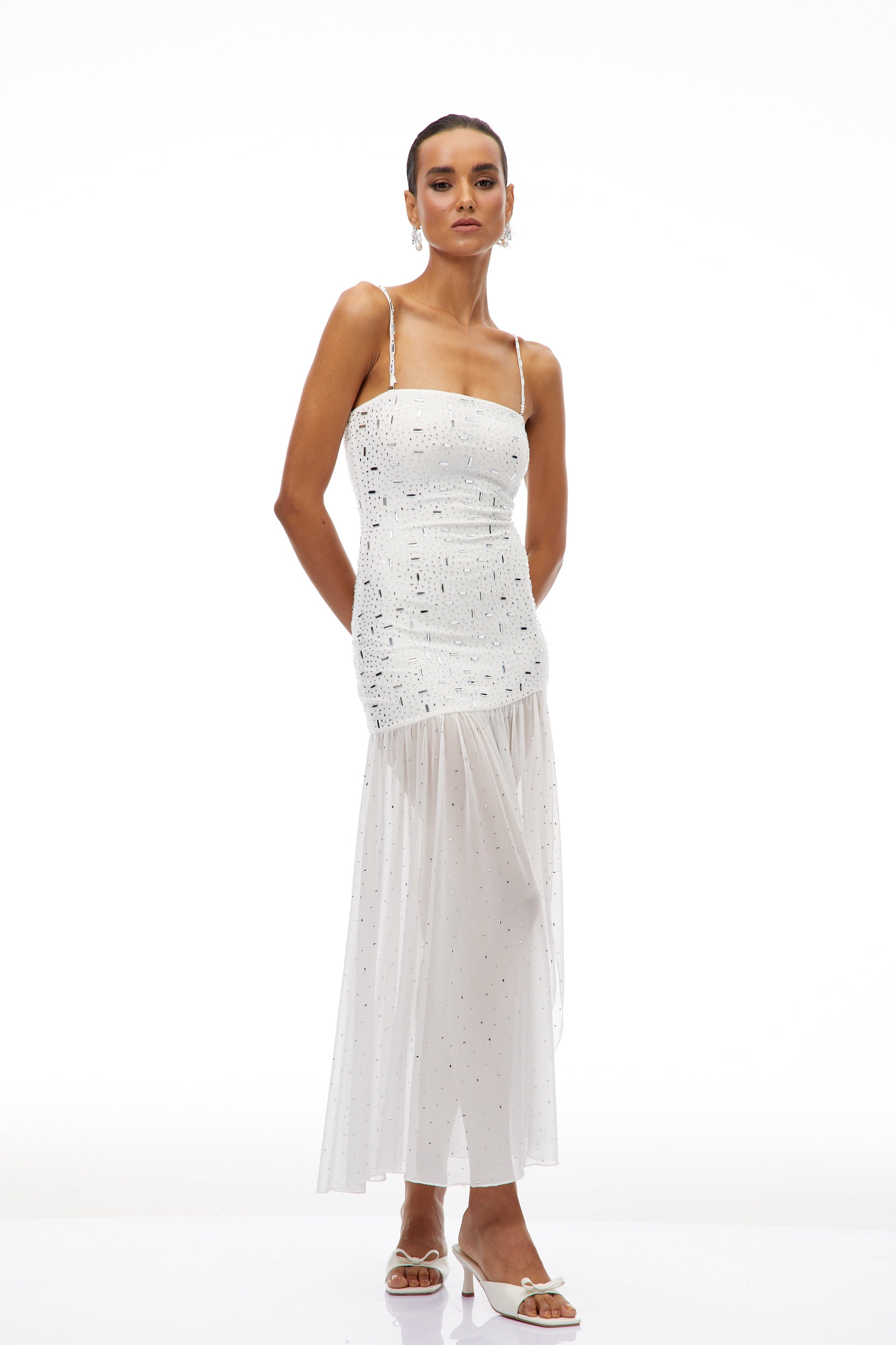 Apollonia White Rhinestone Asymmetrical Maxi Dress