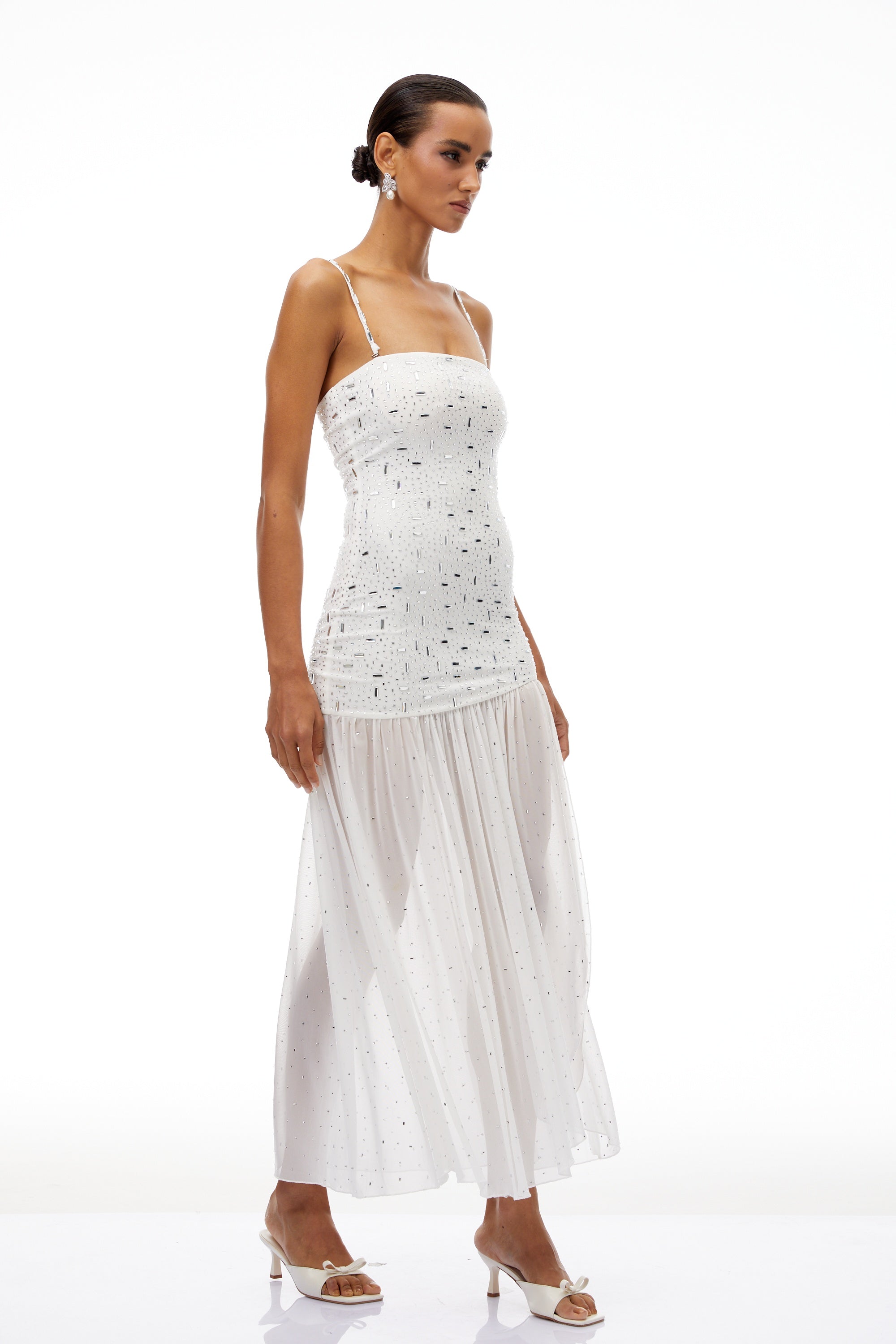 Apollonia White Rhinestone Asymmetrical Maxi Dress