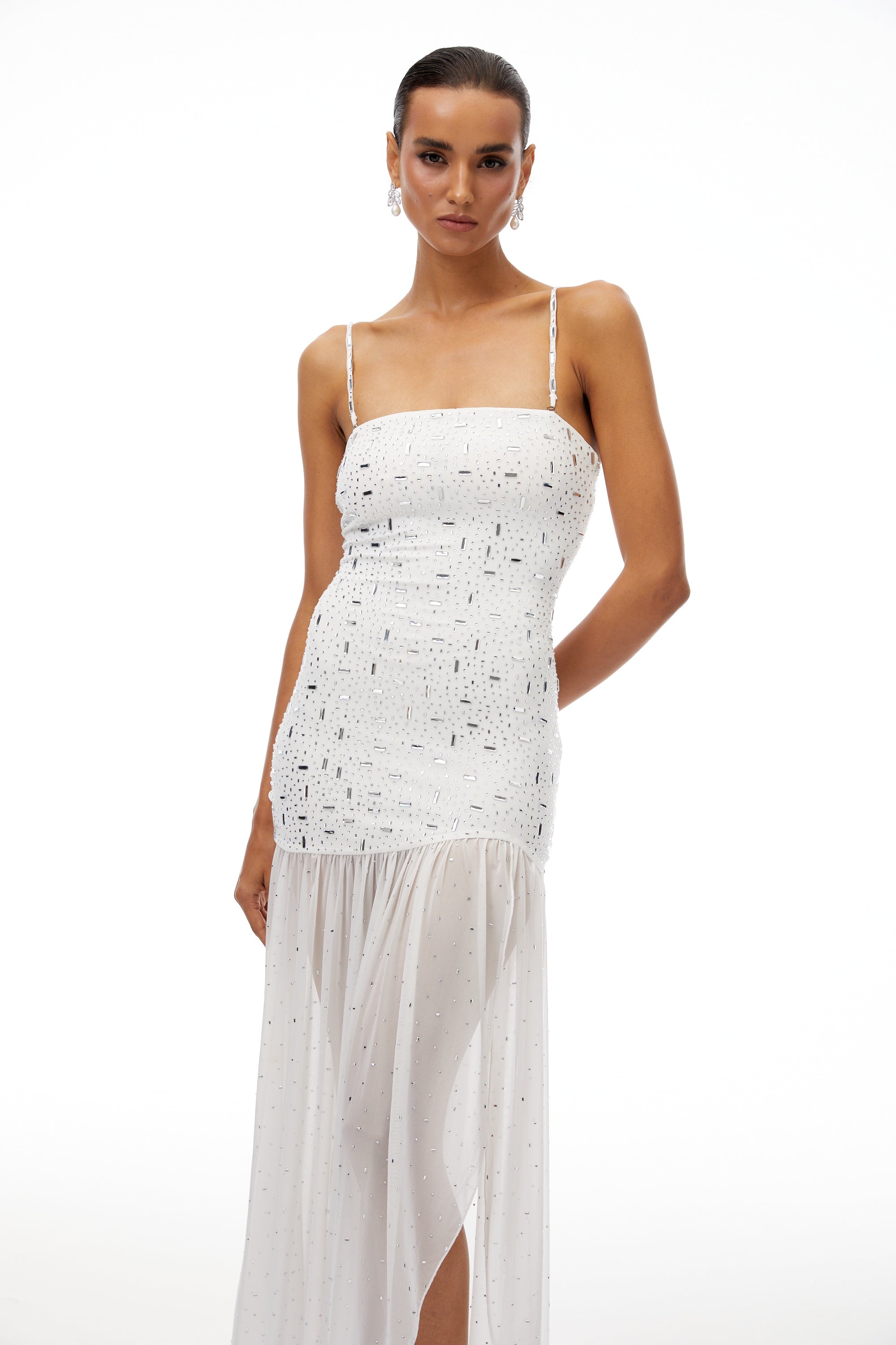 Apollonia White Rhinestone Asymmetrical Maxi Dress
