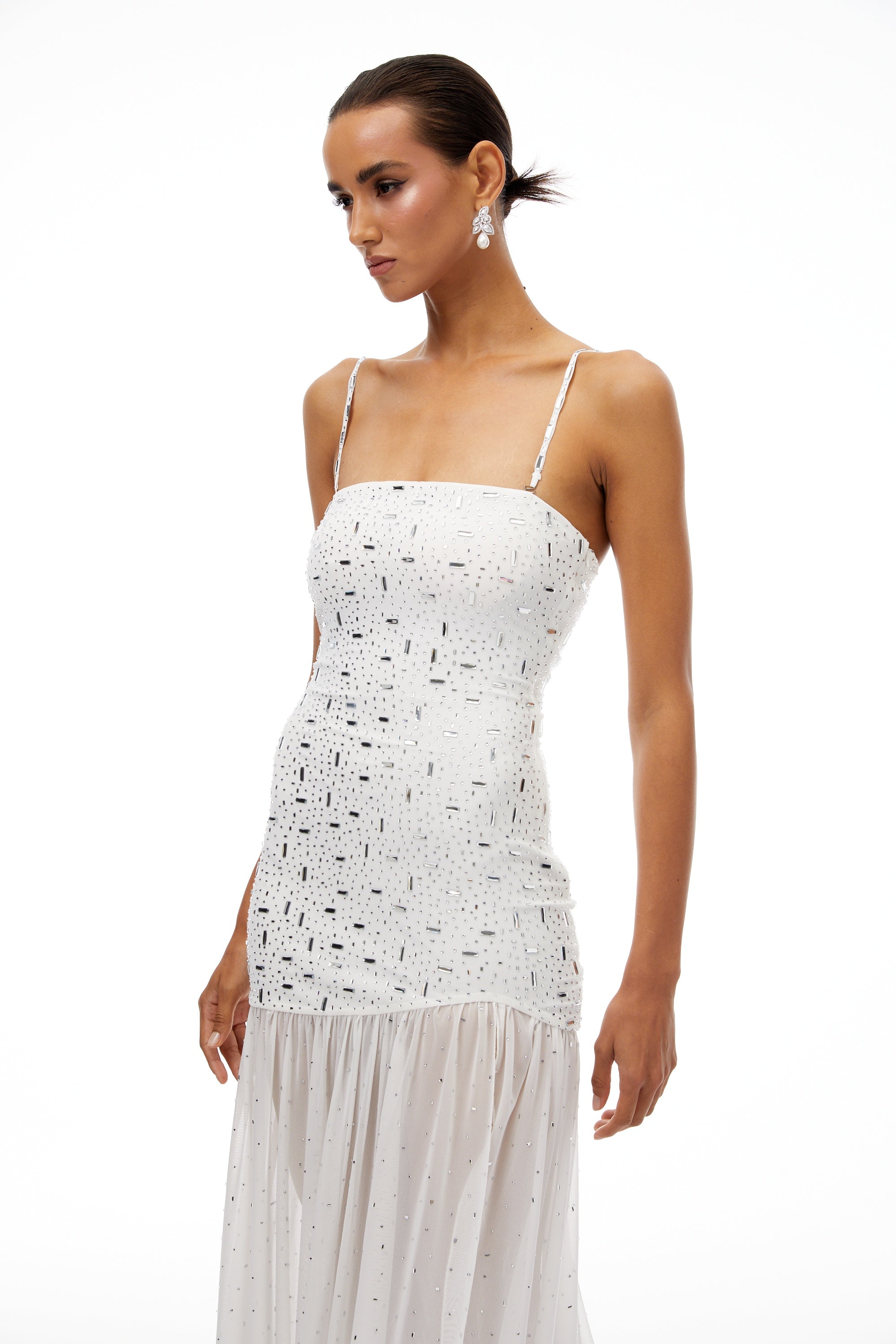 Apollonia White Rhinestone Asymmetrical Maxi Dress
