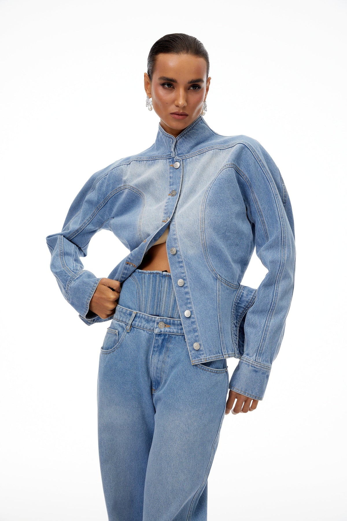Amandine Light Blue Barrel Waist Denim Jacket - blue