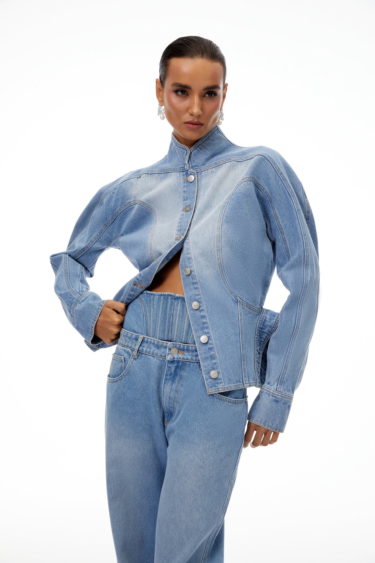 Amandine Light Blue Barrel Waist Denim Jacket - blue