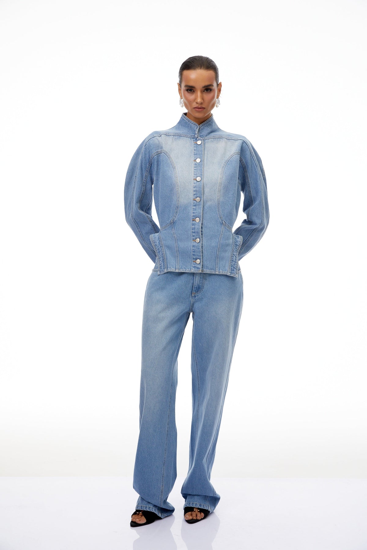 Amandine Light Blue Barrel Waist Denim Jacket - blue
