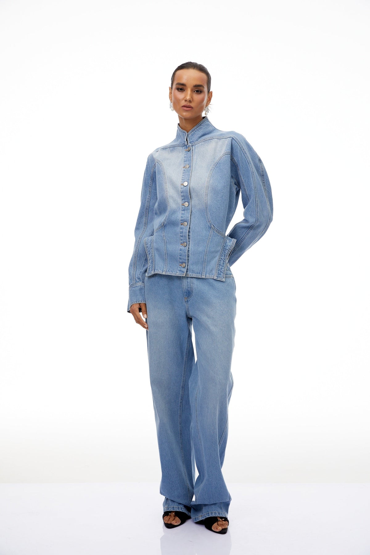 Amandine Light Blue Barrel Waist Denim Jacket - blue