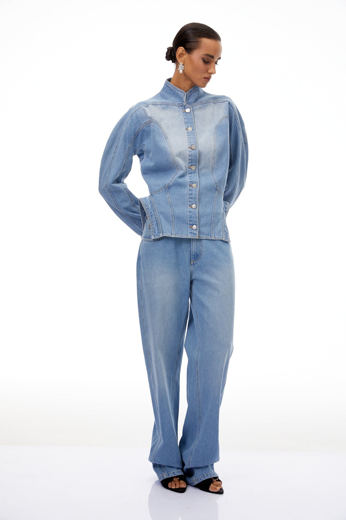 Amandine Light Blue Barrel Waist Denim Jacket - blue