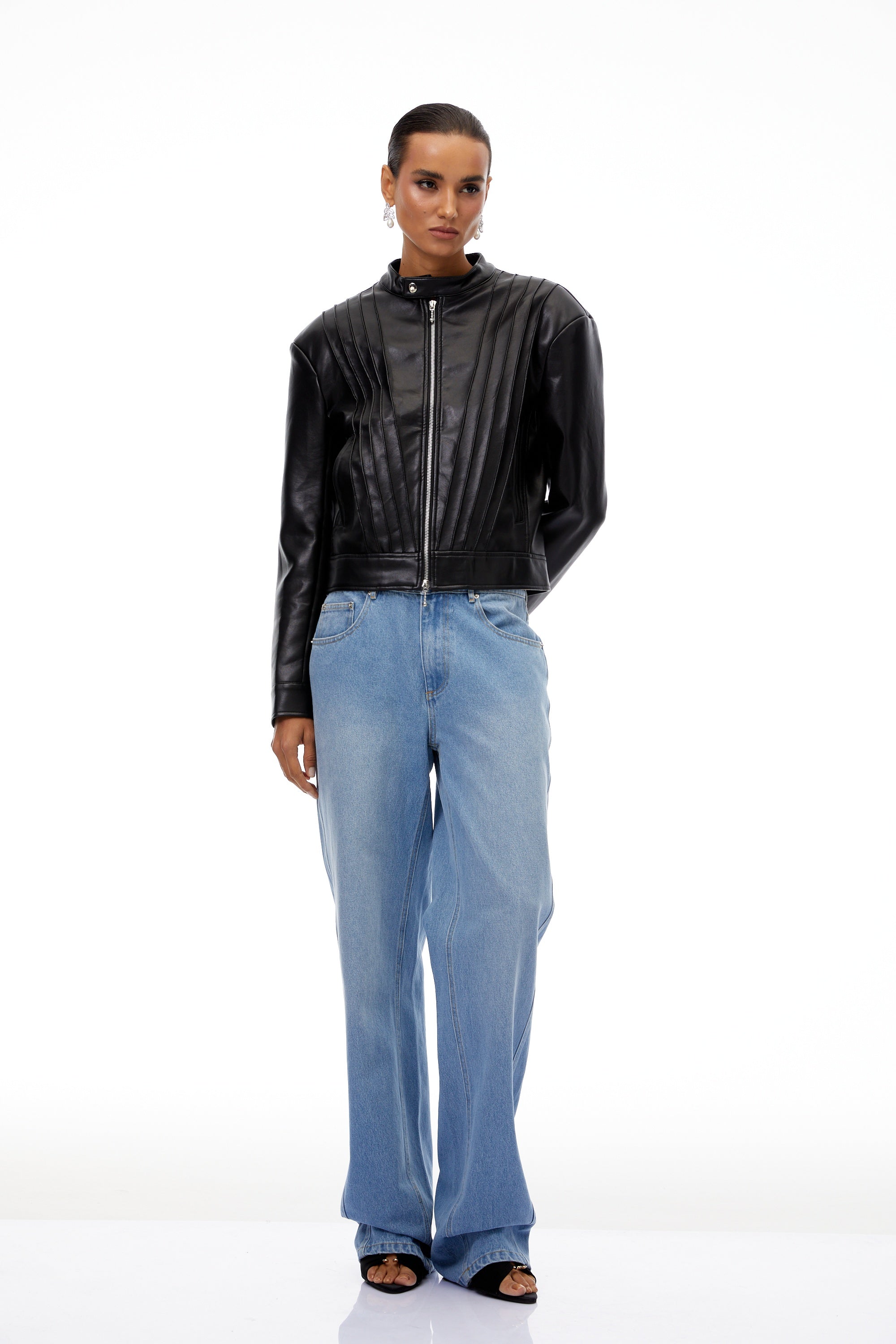 Quitterie Black Pleated Leather Biker Jacket
