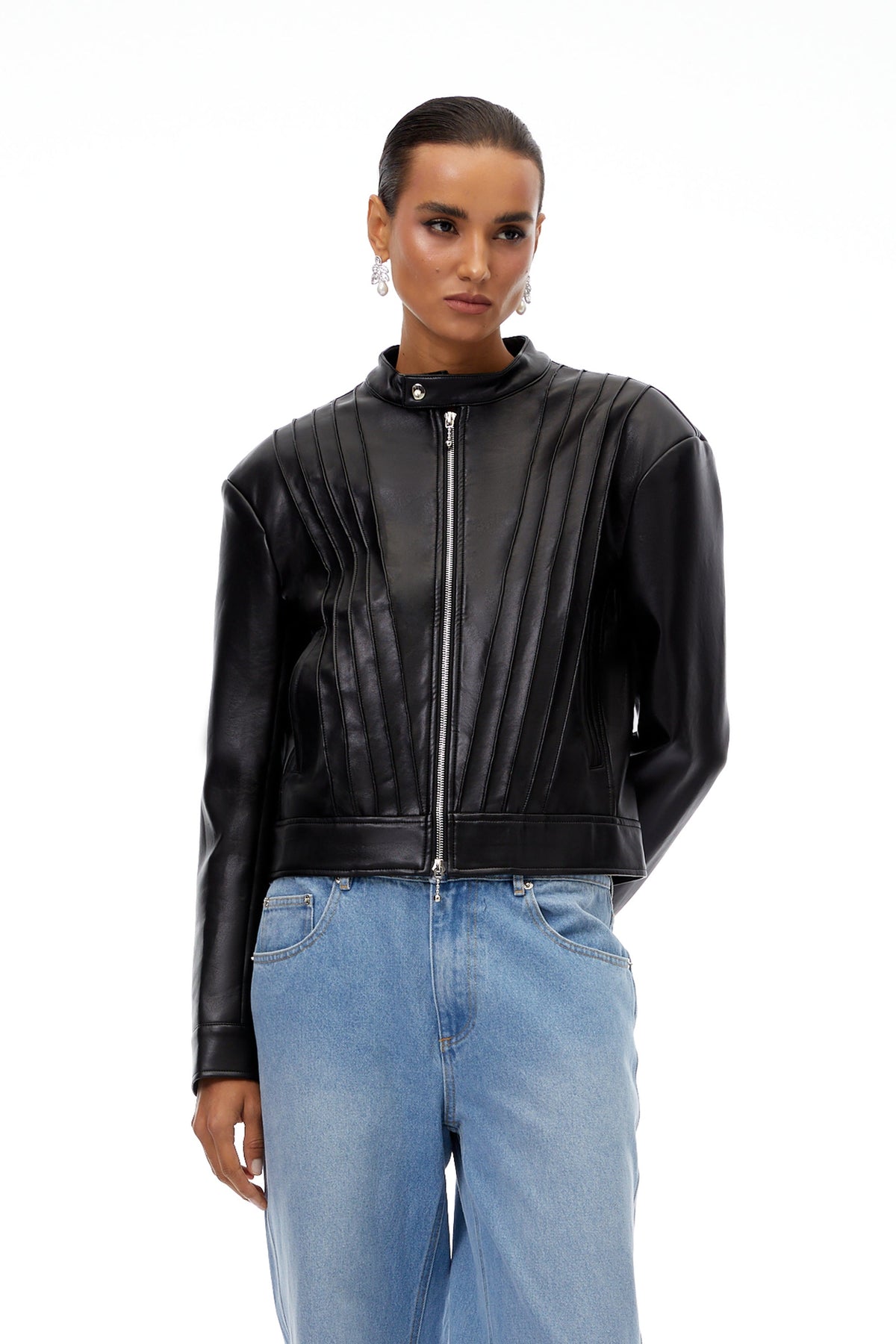 Quitterie Black Pleated Leather Biker Jacket