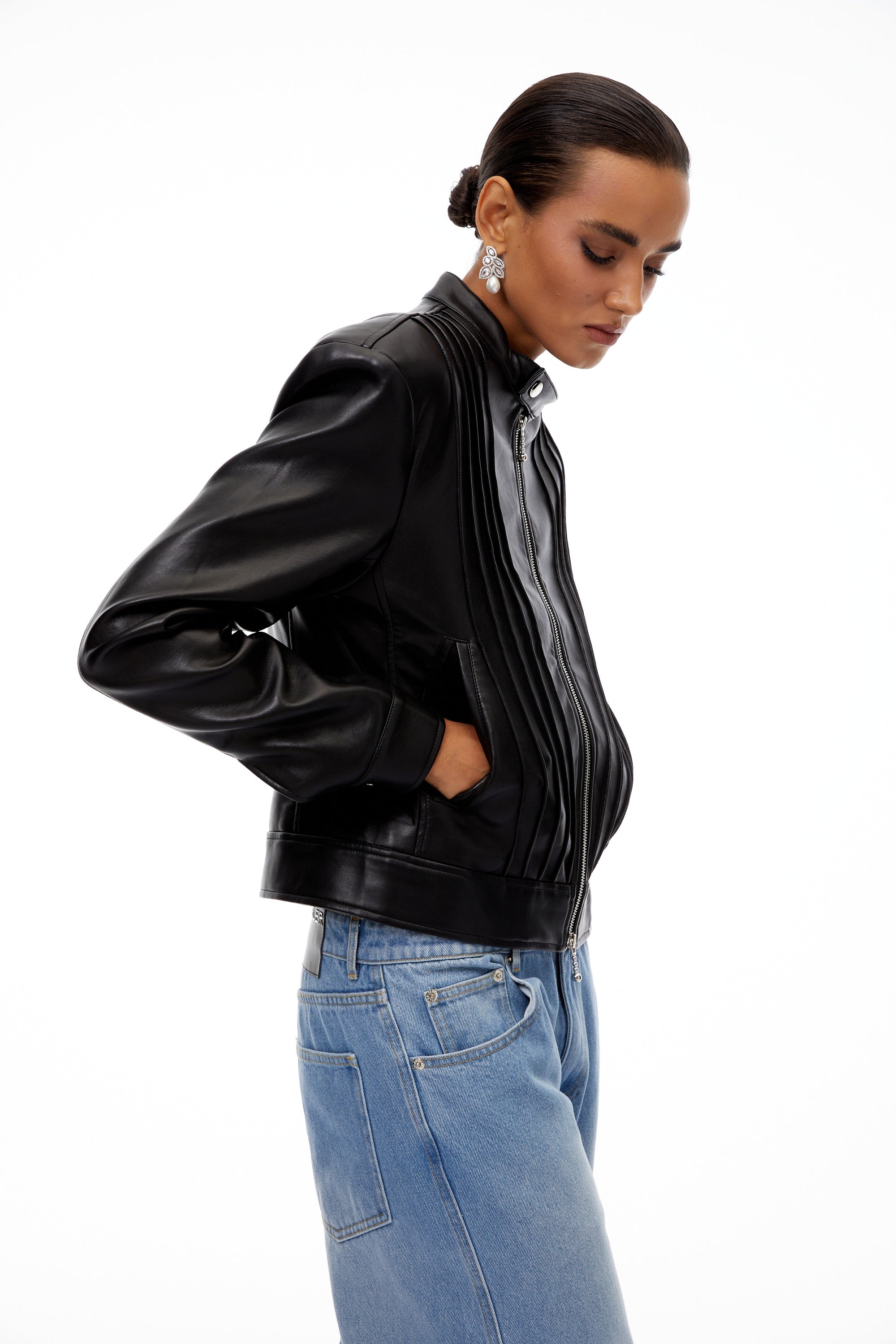 Quitterie Black Pleated Leather Biker Jacket